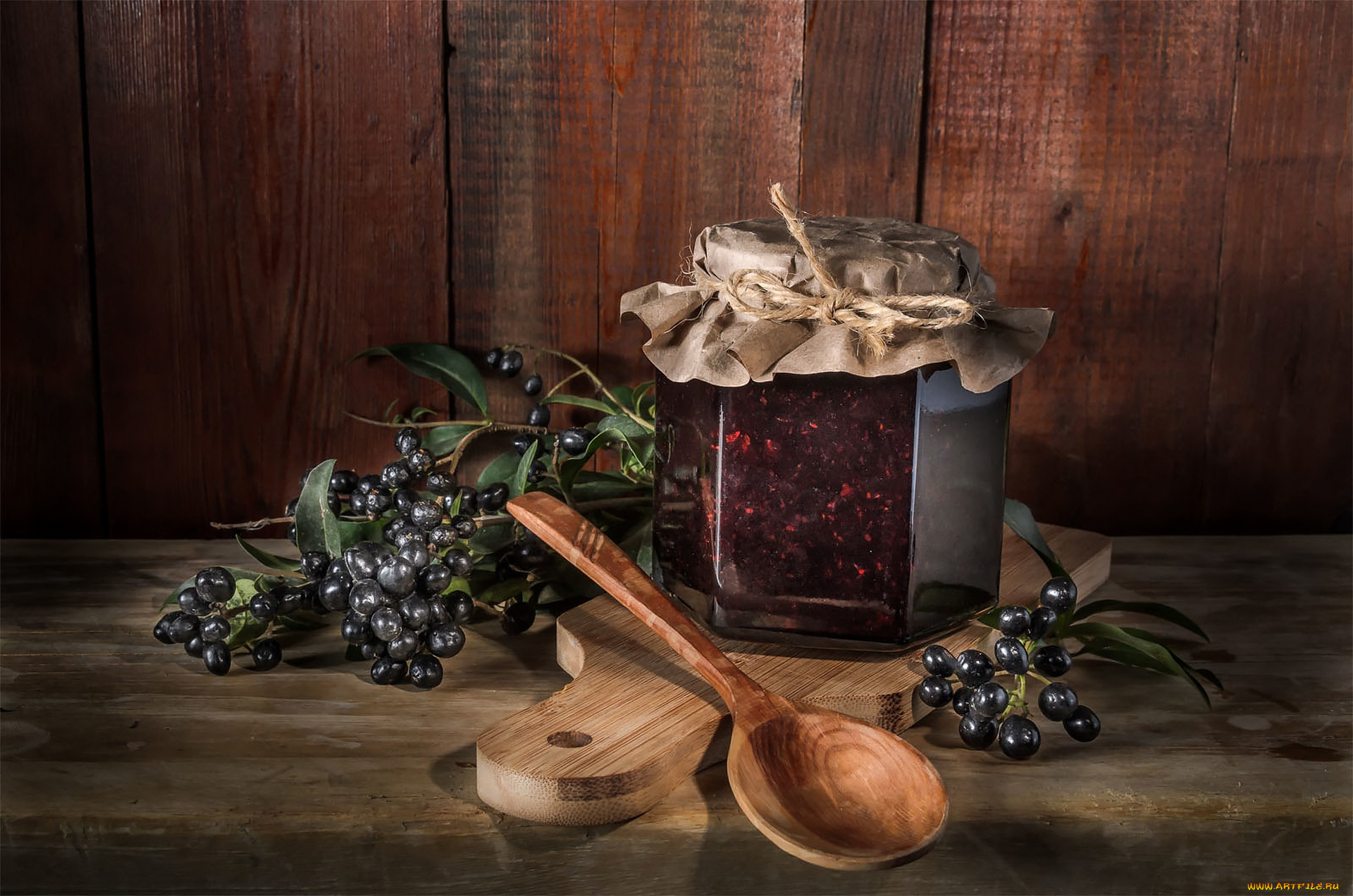 еда, мёд, , варенье, , повидло, , джем, бумага, ягоды, стол, доски, ложка, банка, натюрморт, джем