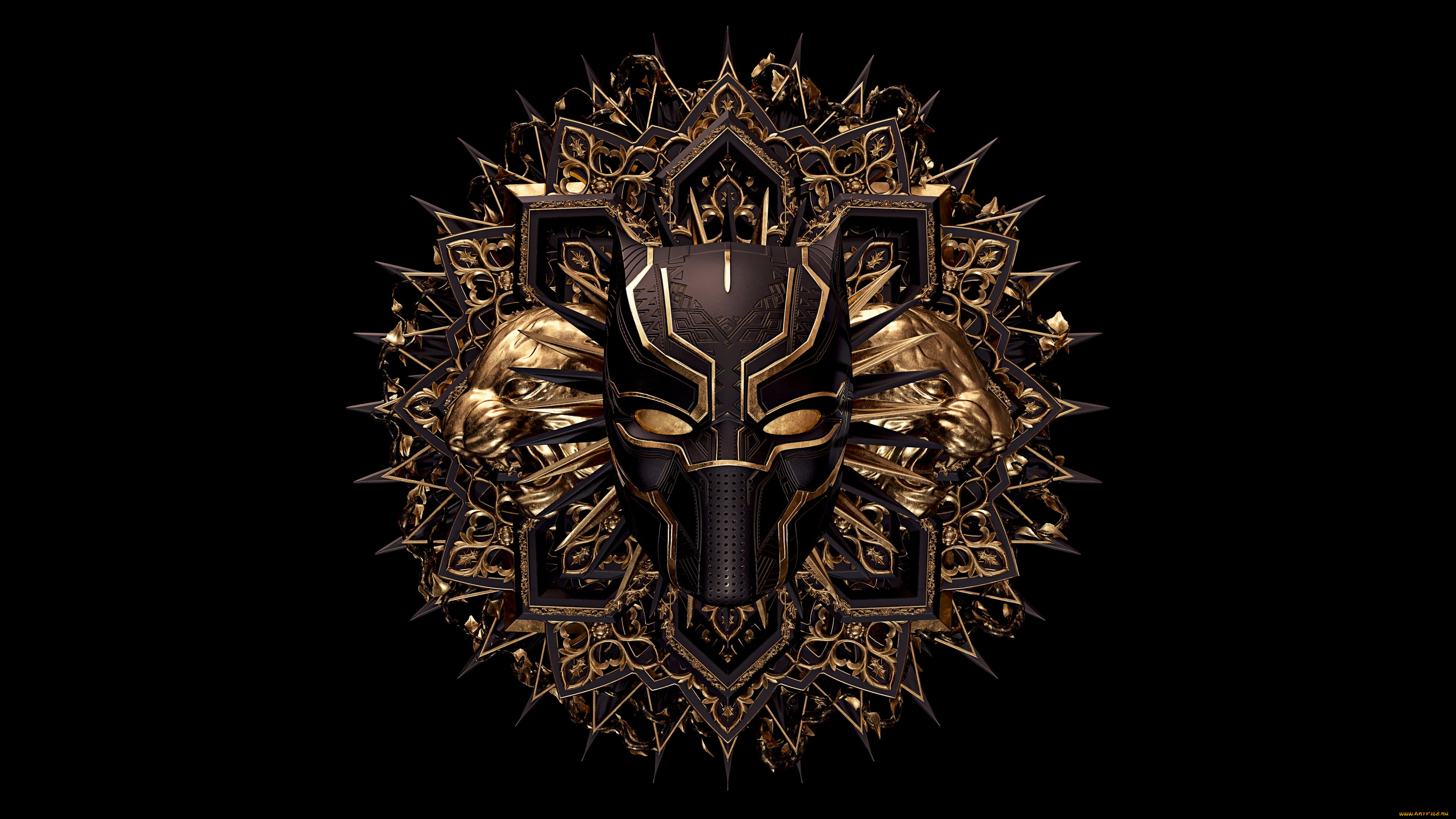 3д, графика, другое, , other, абстракция, золото, маска, черный, фон, gold, орнамент, abstraction, mask