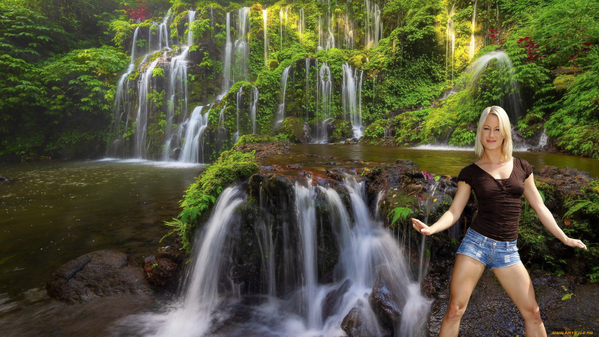 девушки, -, блондинки, , светловолосые, водопад, блондинка, шорты