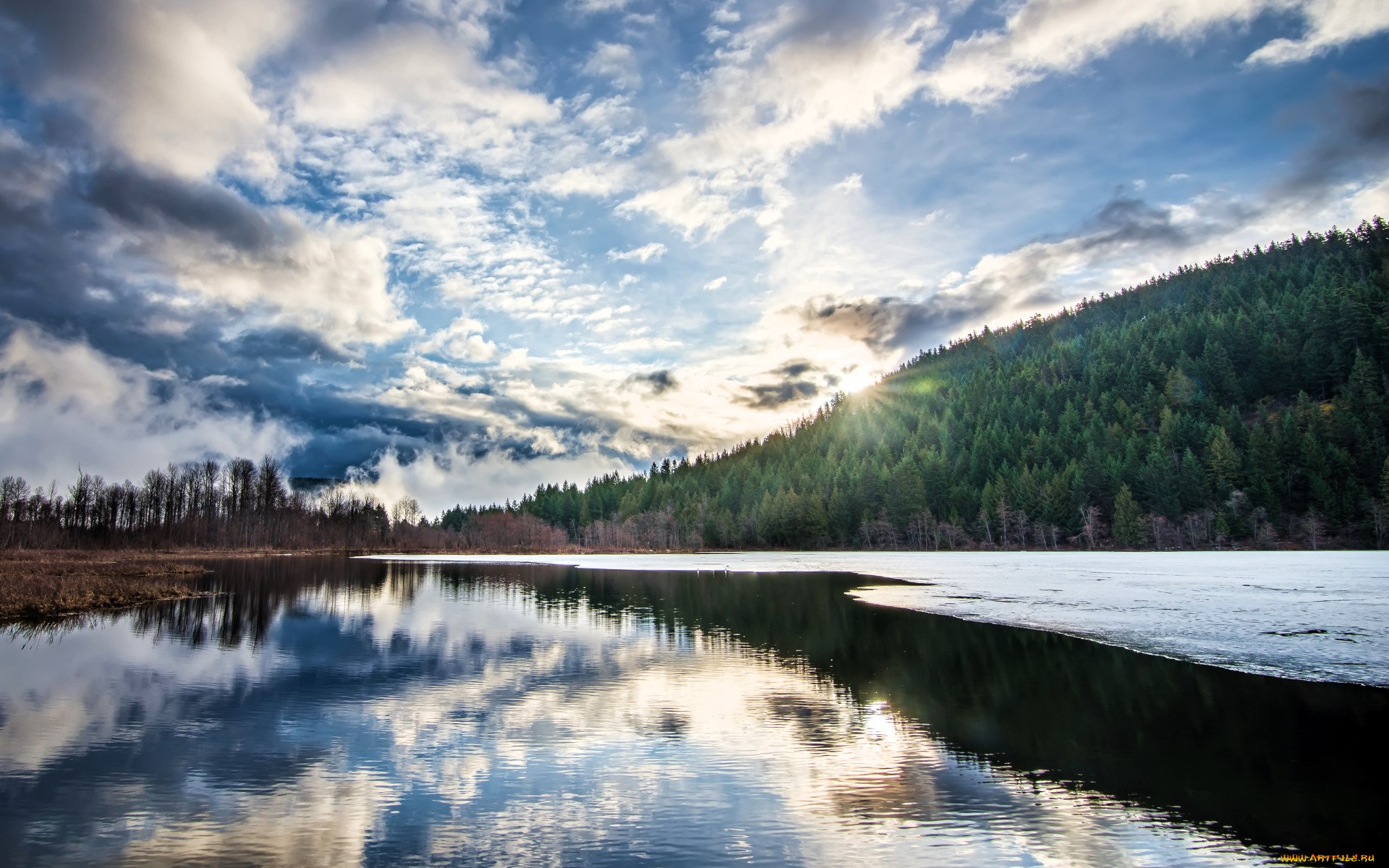 природа, реки, озера, гора, лес, облака, река