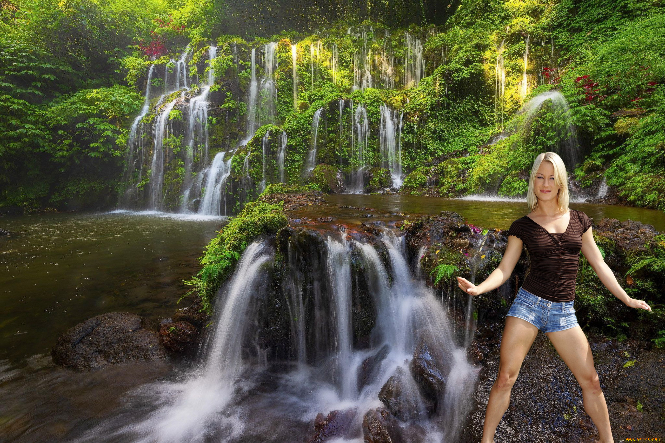 девушки, -, блондинки, , светловолосые, водопад, блондинка, шорты