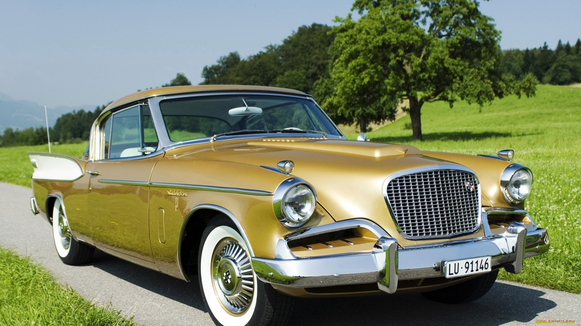 автомобили, studebaker, дорога, трава, деревья, небо