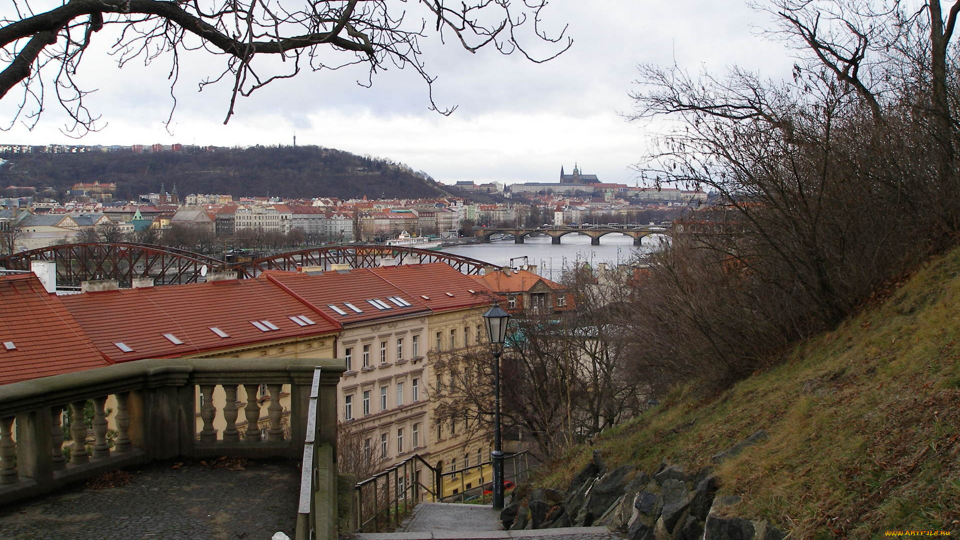 города, прага, Чехия, река, мосты, лестница