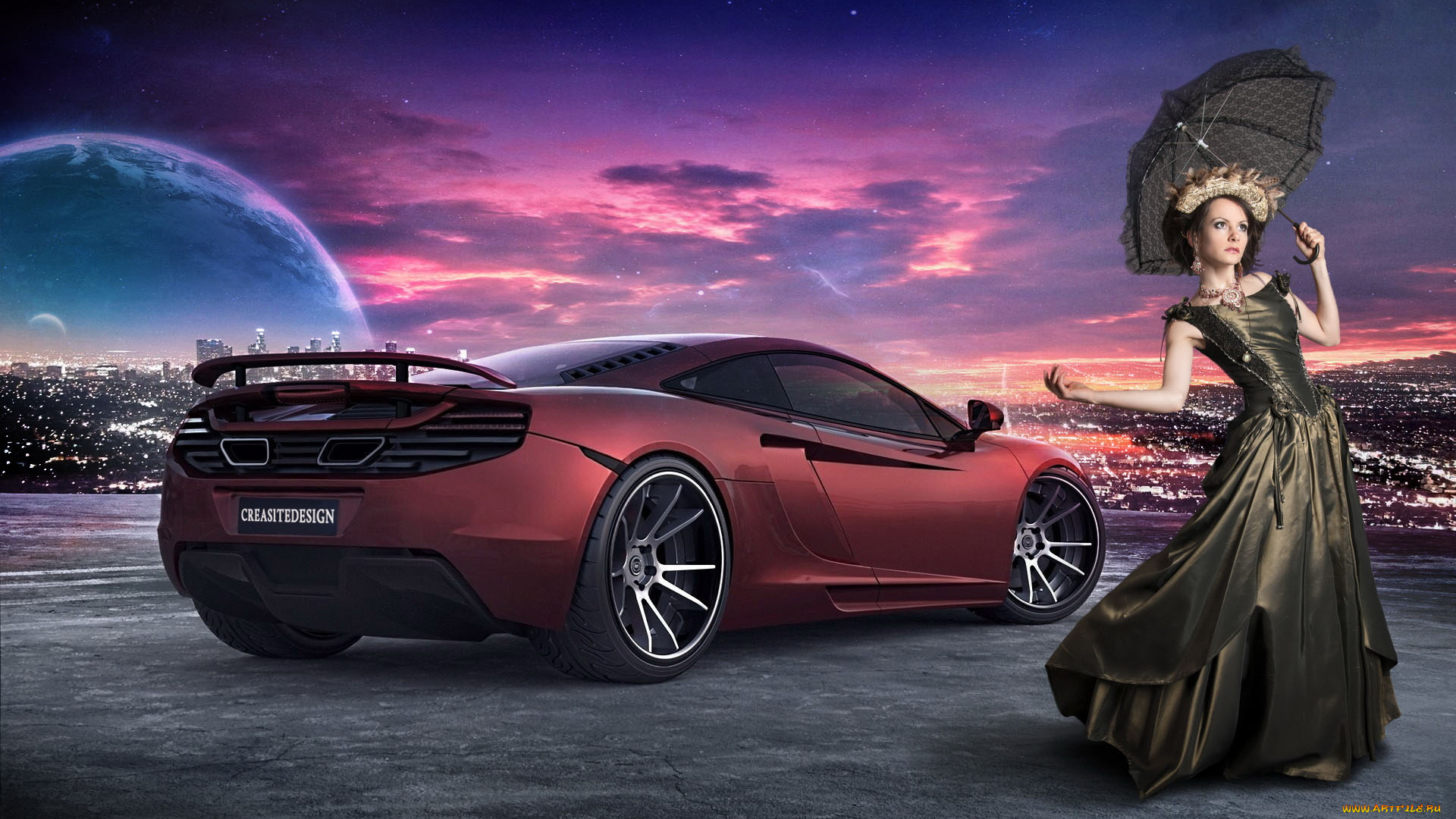 автомобили, авто, девушками, планета, автомобиль, город, вечер, зонтик, девушка
