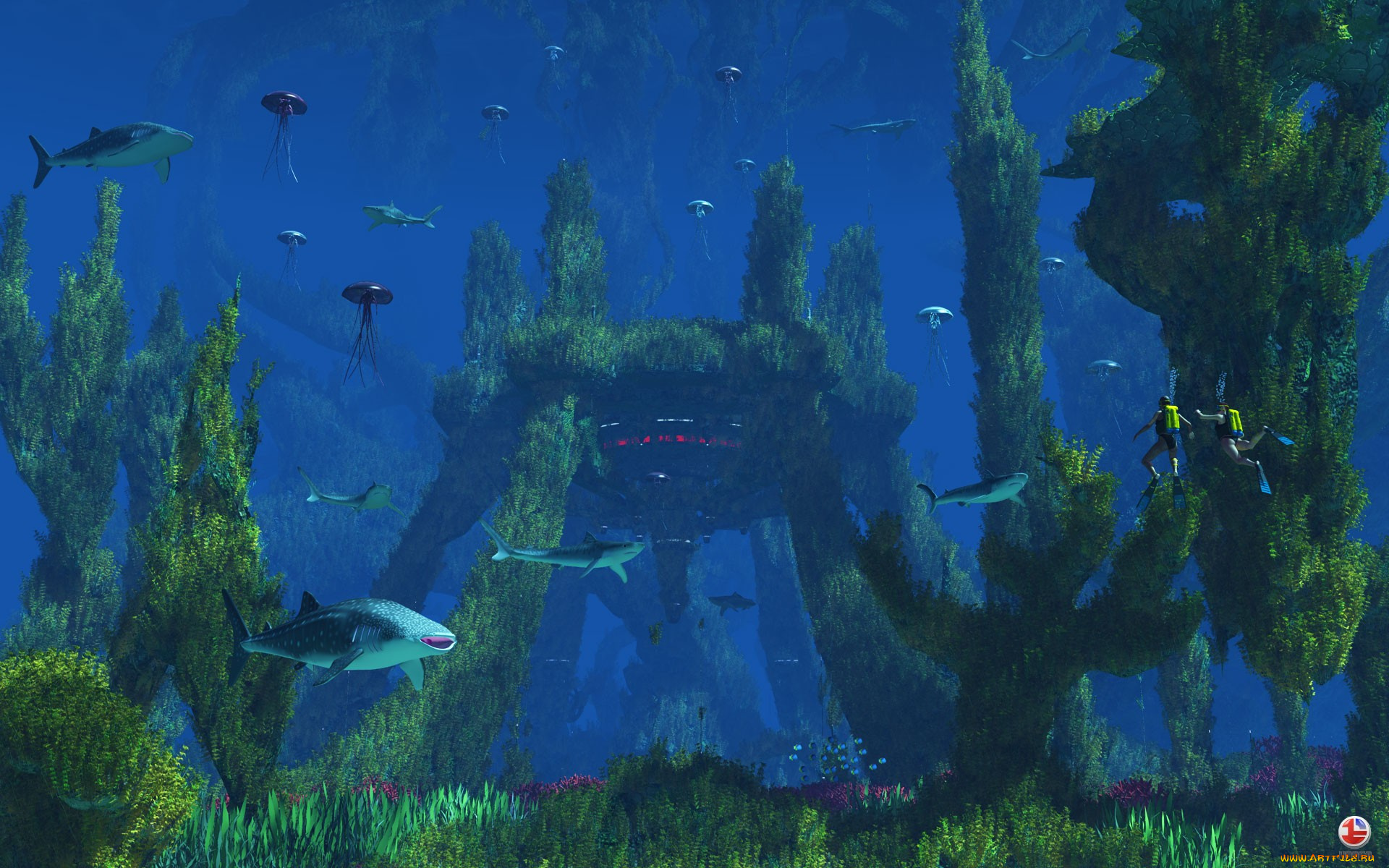 3д, графика, sea, undersea, море, акулы