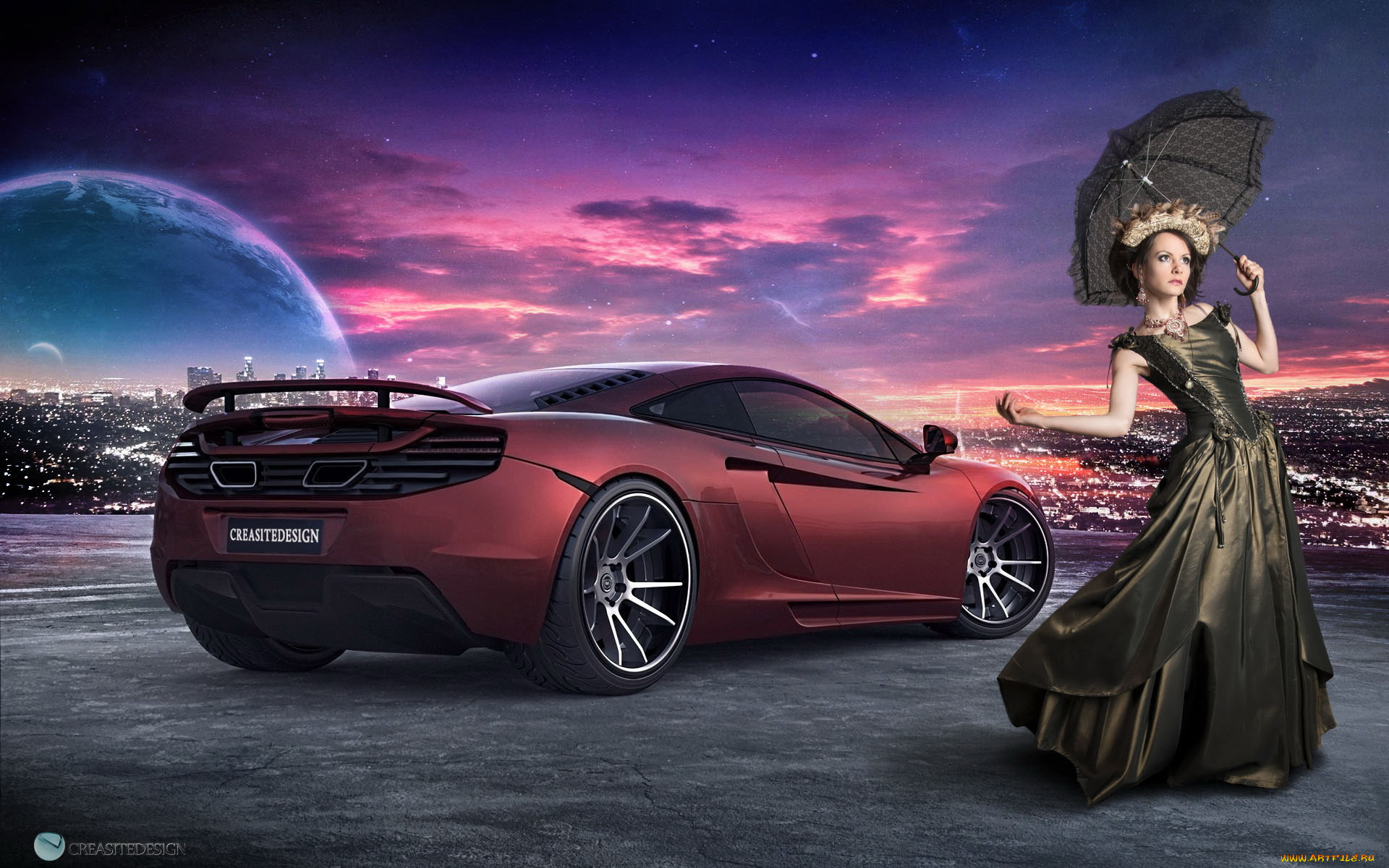 автомобили, авто, девушками, планета, автомобиль, город, вечер, зонтик, девушка