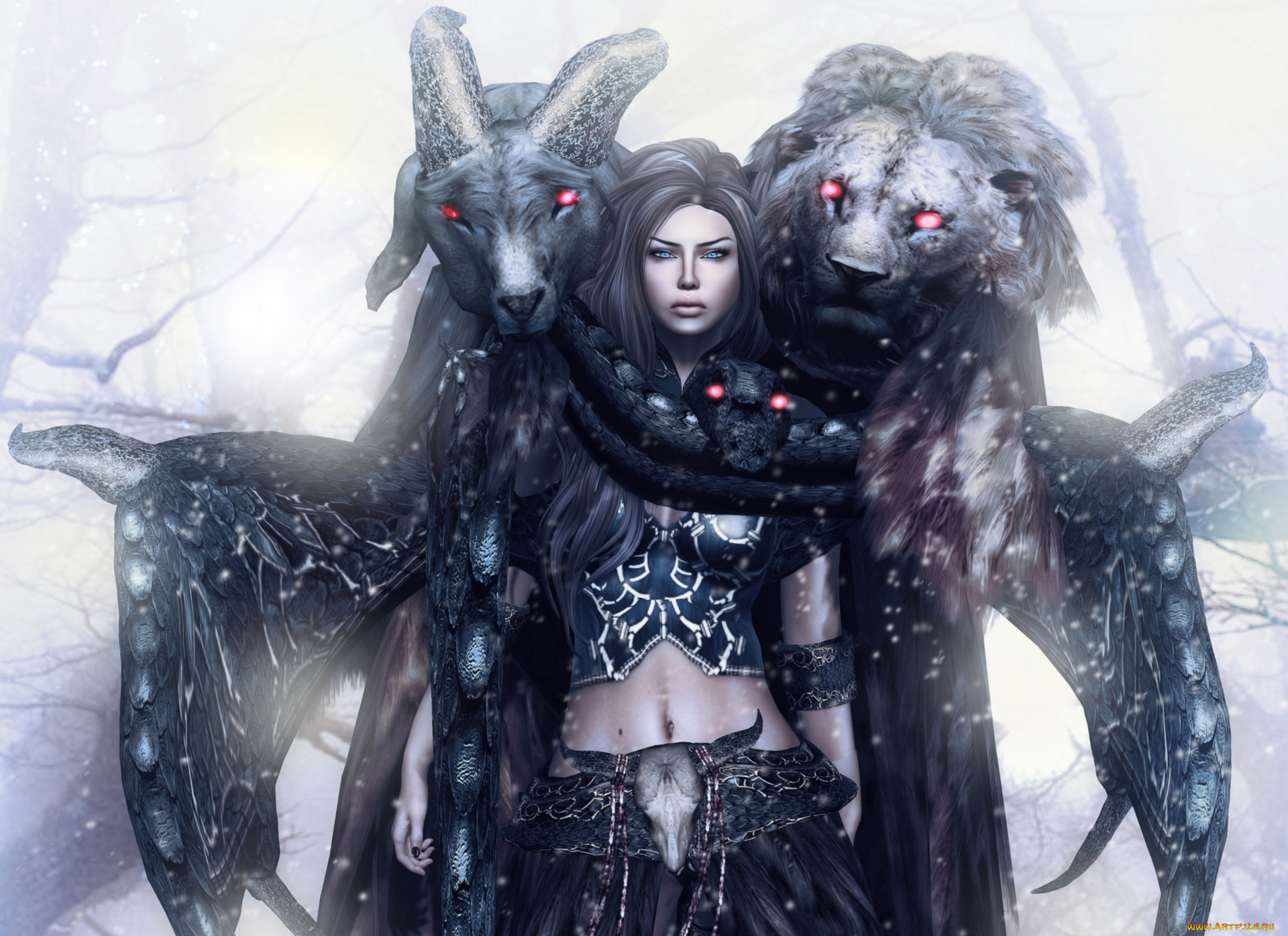 3д, графика, fantasy, фантазия, охотница, животные, девушка