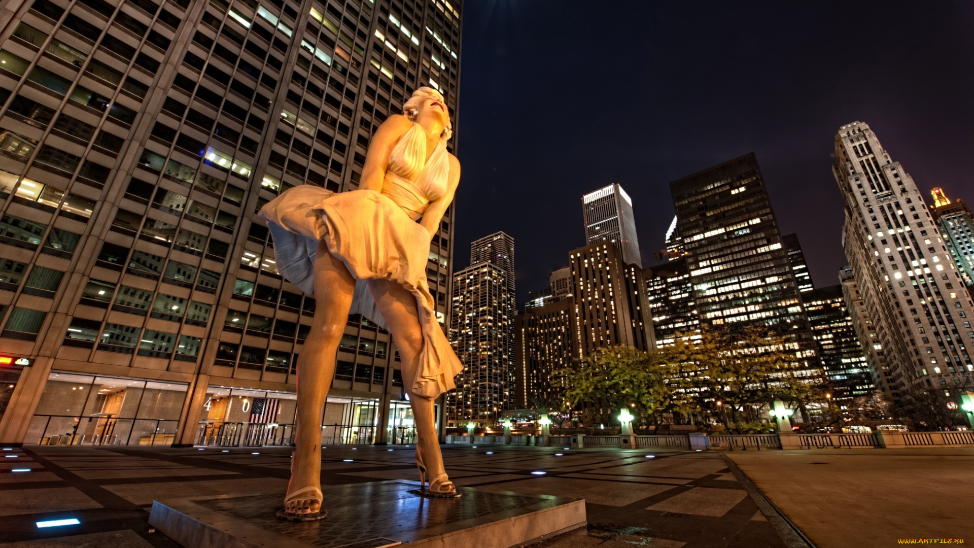 chicago, города, Чикаго, , сша, Чикаго, ночь, мэрилин, монро, скульптура, иллинойс, улица