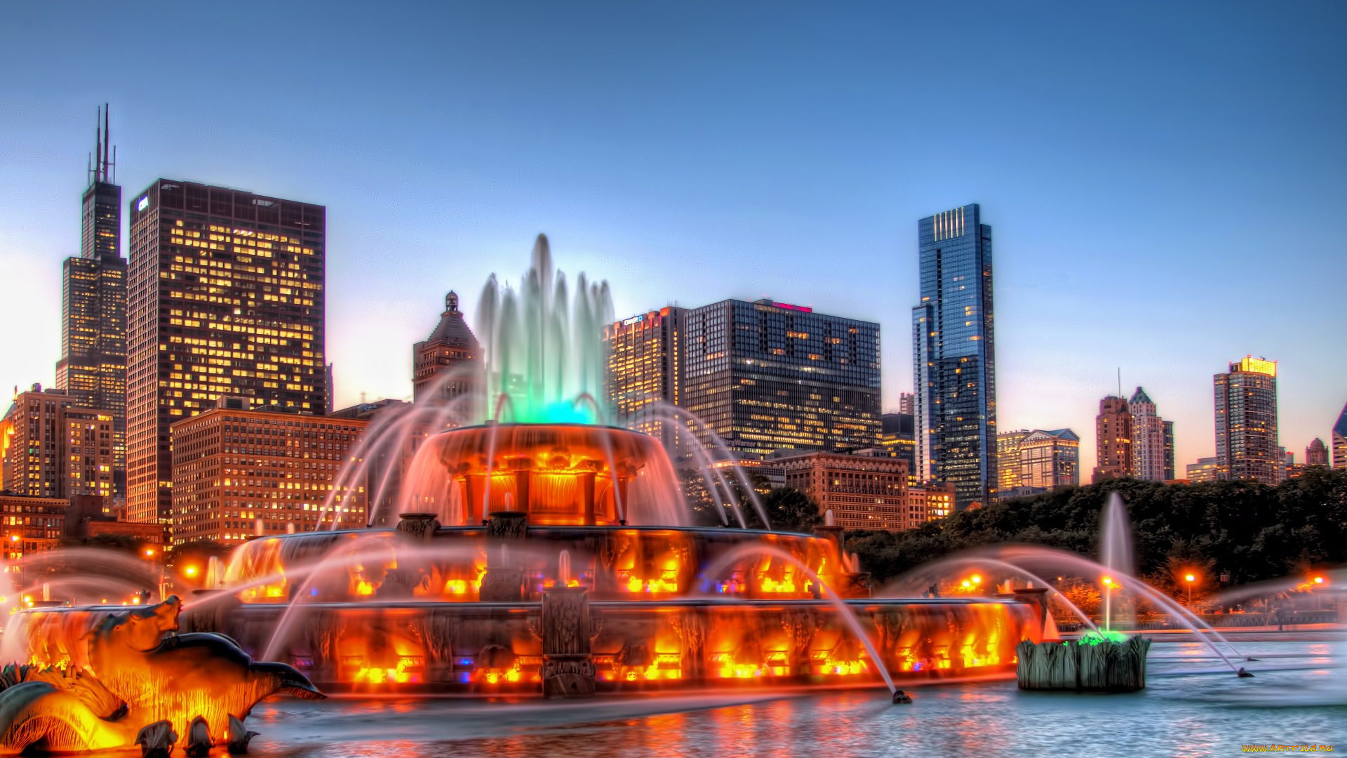 chicago, города, Чикаго, , сша, панорамма, фонтан, огни, ночь, сhicago, usa