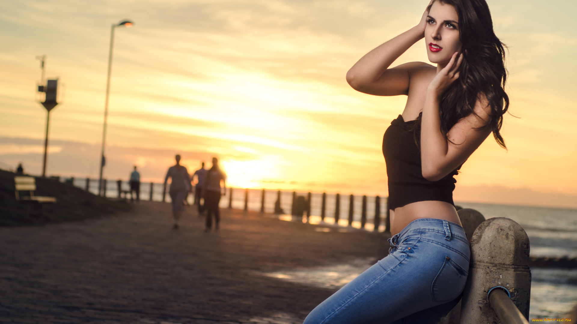 девушки, -unsort, , брюнетки, , шатенки, океан, закат, набережная, девушка
