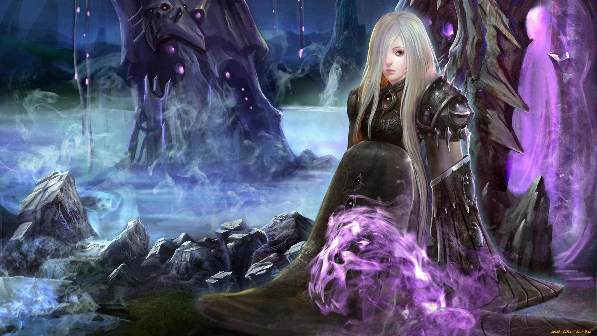 фэнтези, девушки, девушка, доспехи, дымка, туман, камни