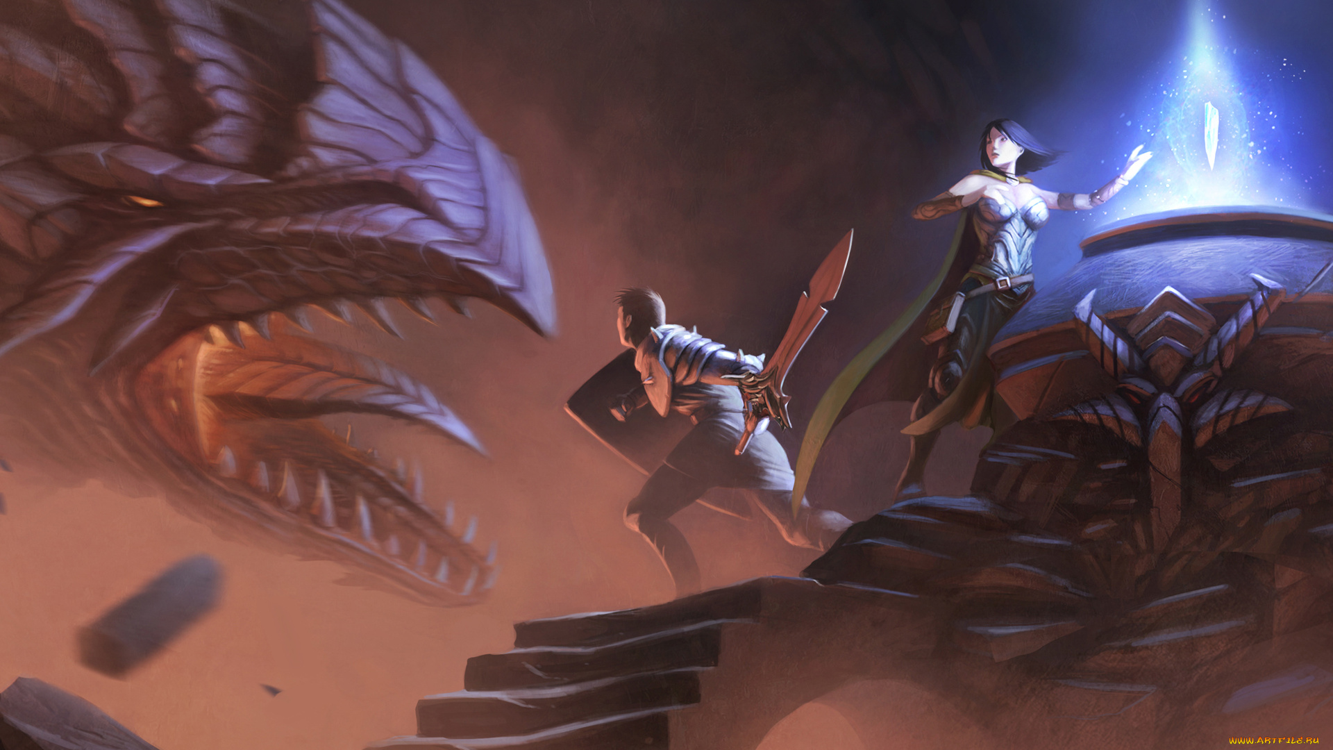 фэнтези, люди, девушка, схватка, монстр, воин, мужчина