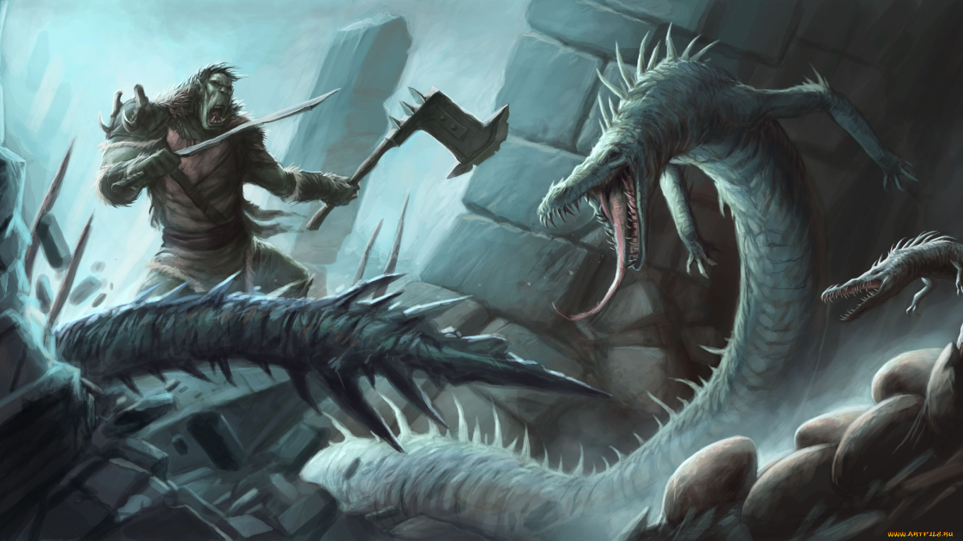фэнтези, существа, монстры, воин, меч, топор, существо