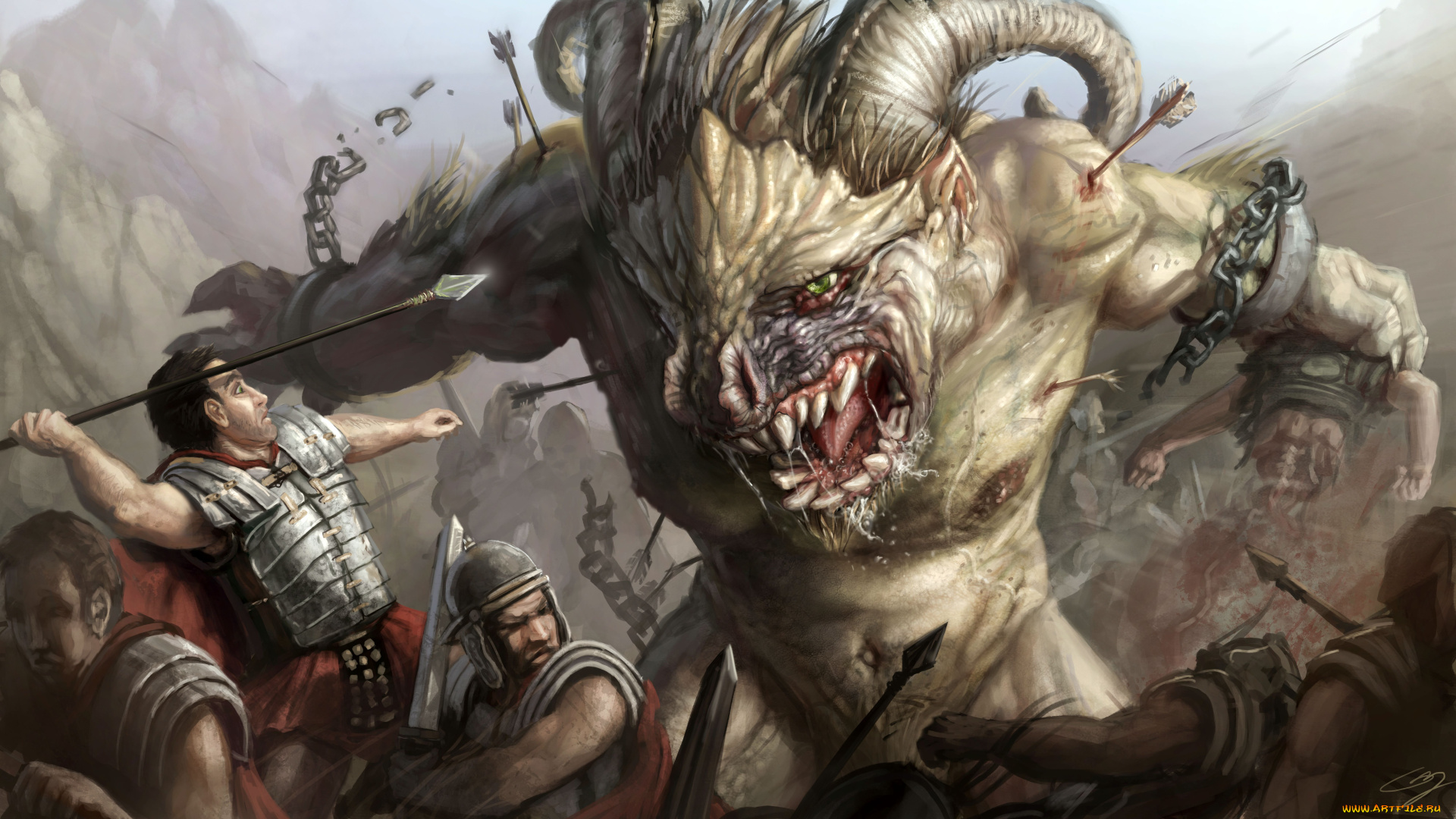 фэнтези, существа, оковы, воины, монстр, сражение, люди, цепи