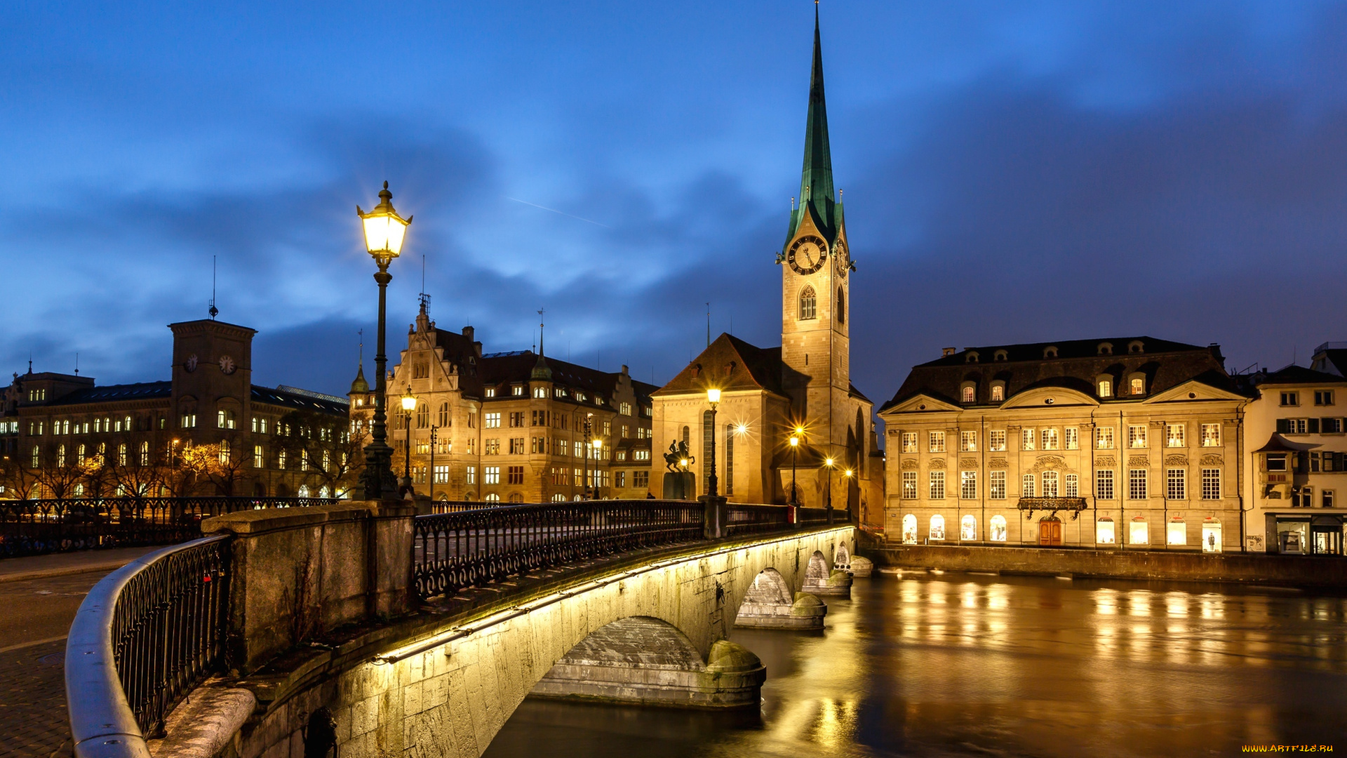 города, цюрих, , швейцария, свет, фонари, мост, ночь, здания, дома, освещение, церковь, fraumunster, zurich, switzerland, limmat, river, фраумюнстер, река, лиммат, набережная