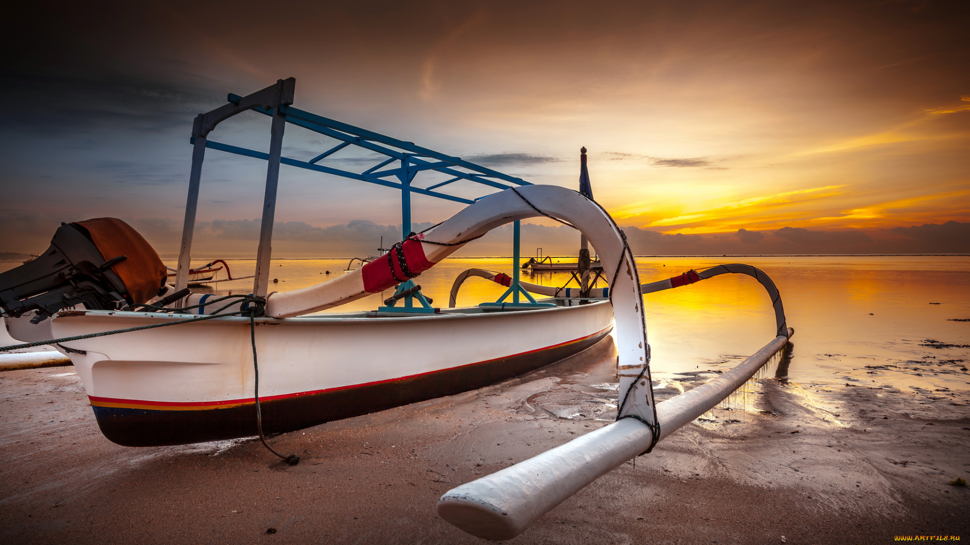 корабли, моторные, лодки, океан, закат, тропики, лодка, балансир, мотор