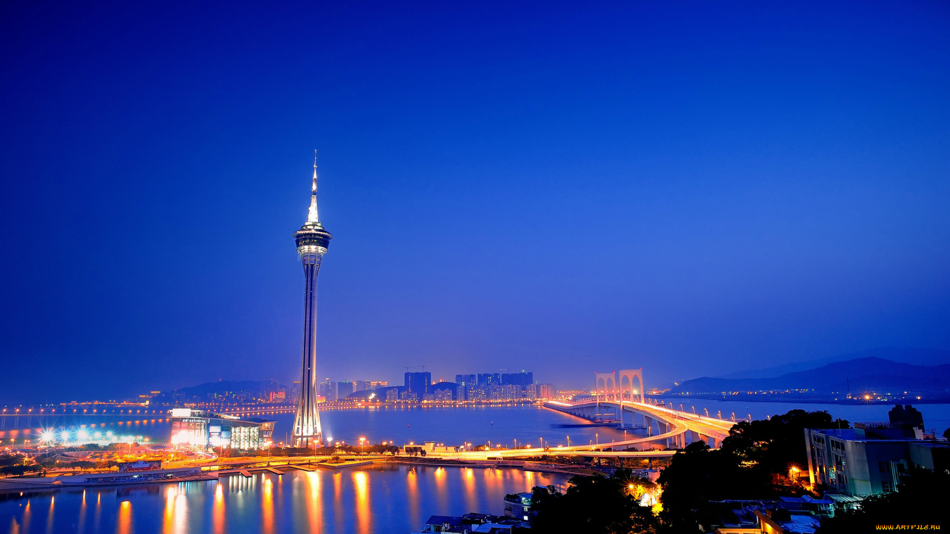 макао, , китай, города, -, огни, ночного, города, китай, аомынь, башня, мост, море, синева, небо, ночь, подсветка, фонари, огни