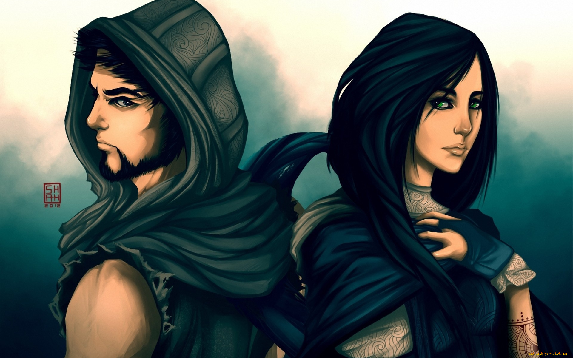 фэнтези, люди, парень, девушка, капюшон, взгляд