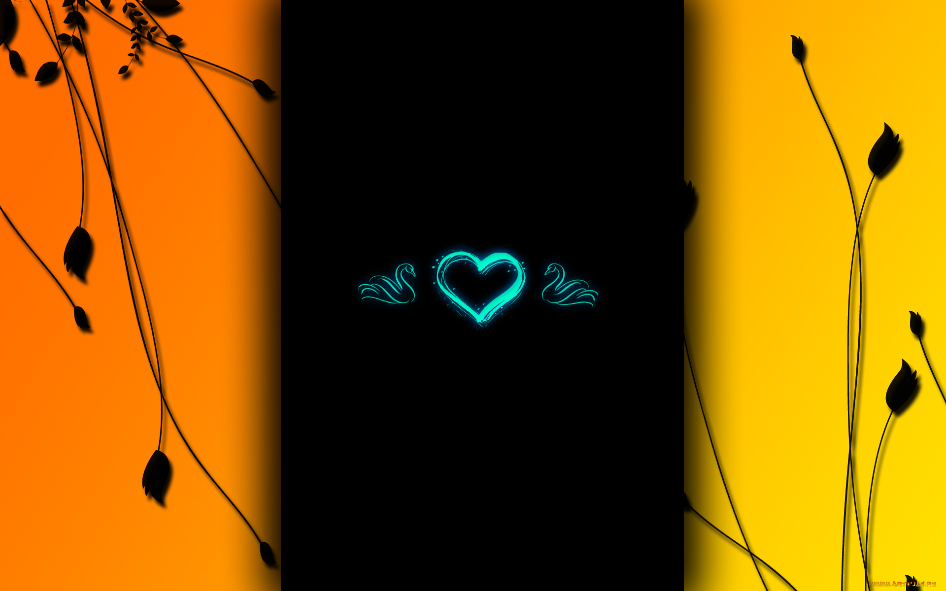 векторная, графика, цвета, лебеди, сердечко