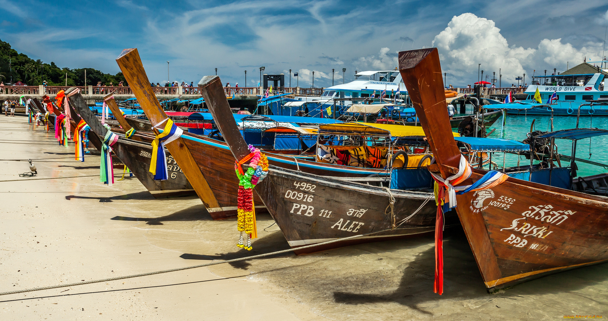 корабли, разные, вместе, океан, тропики, лодки