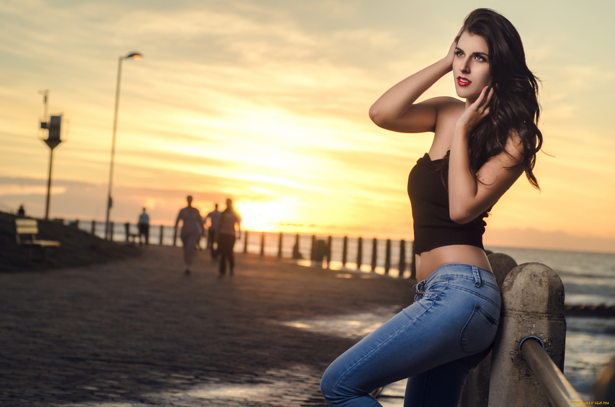 девушки, -unsort, , брюнетки, , шатенки, океан, закат, набережная, девушка