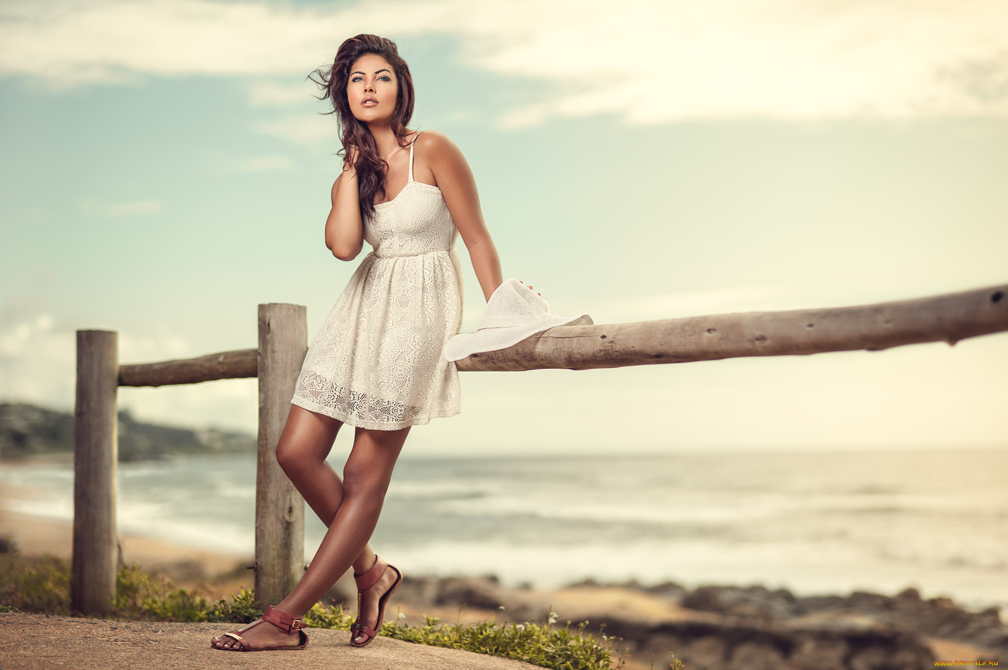 девушки, -unsort, , брюнетки, , шатенки, девушка, ограда, океан, платье, взгляд