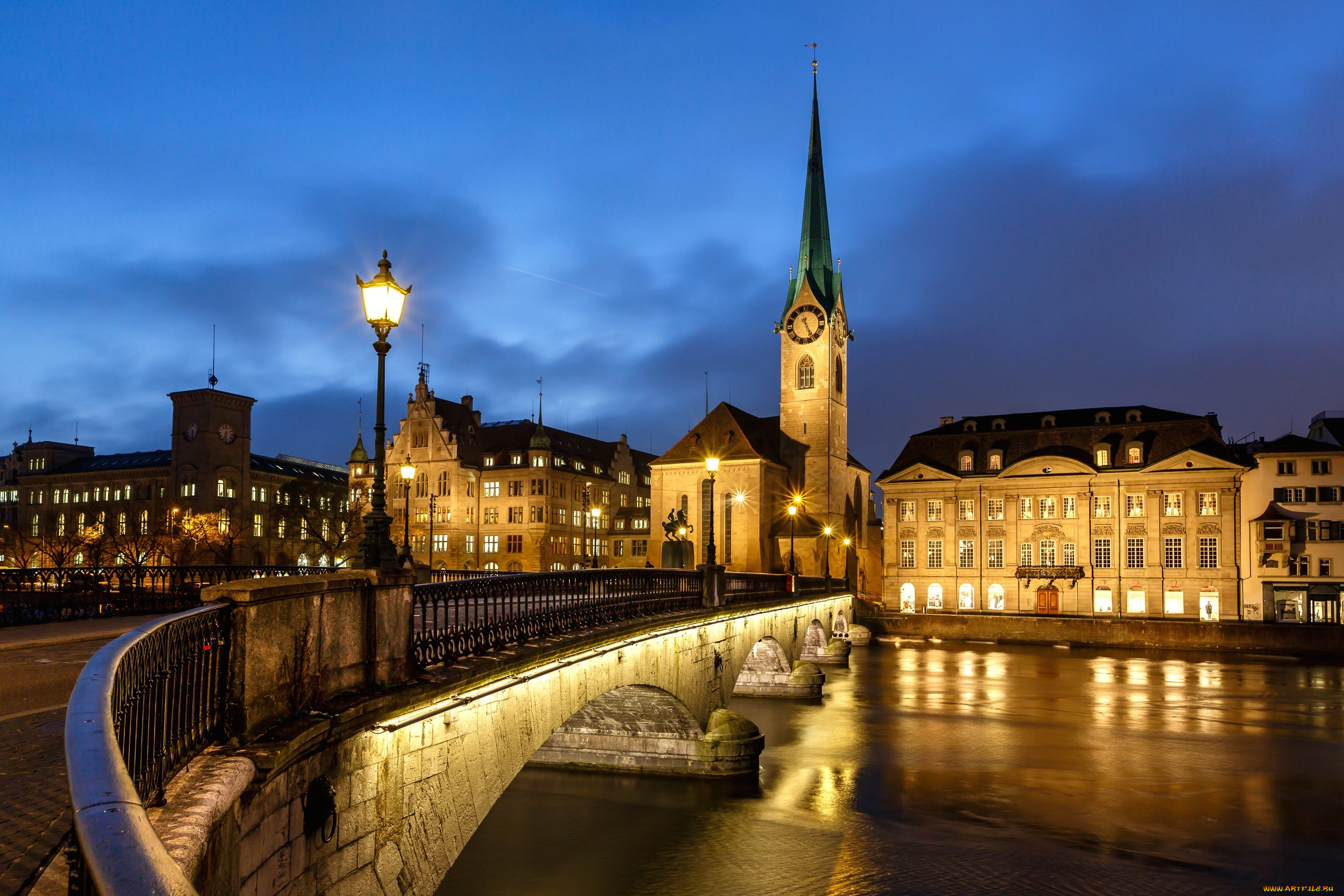 города, цюрих, , швейцария, свет, фонари, мост, ночь, здания, дома, освещение, церковь, fraumunster, zurich, switzerland, limmat, river, фраумюнстер, река, лиммат, набережная