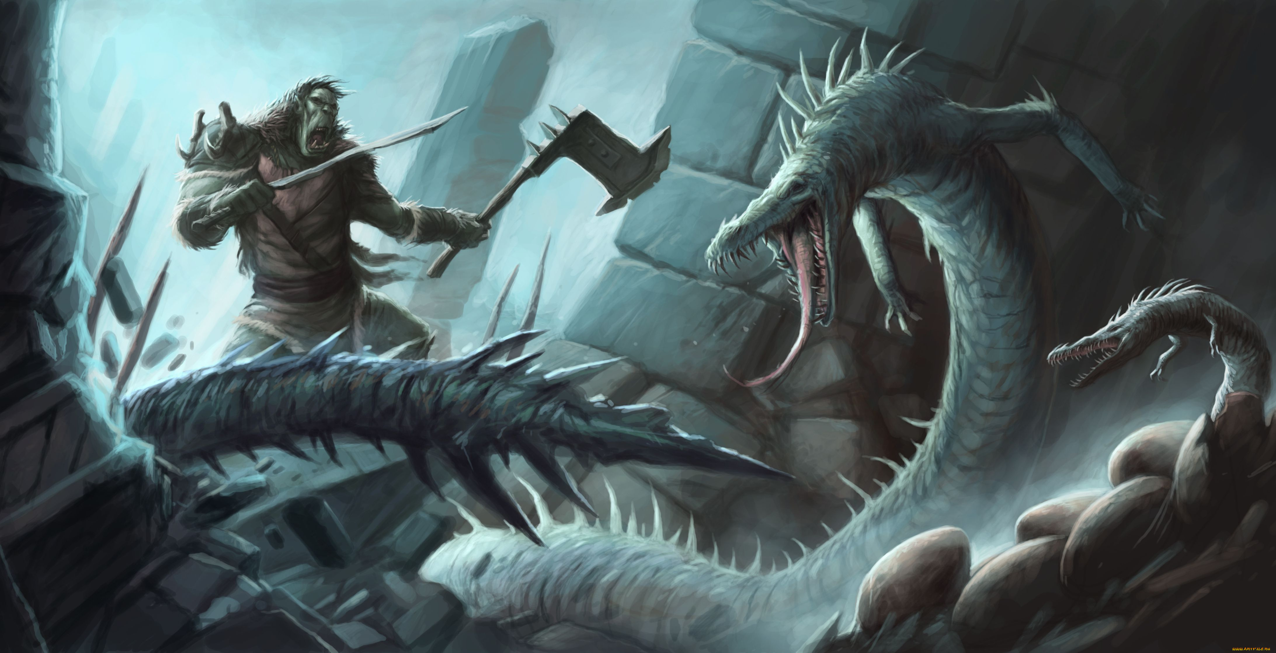 фэнтези, существа, монстры, воин, меч, топор, существо