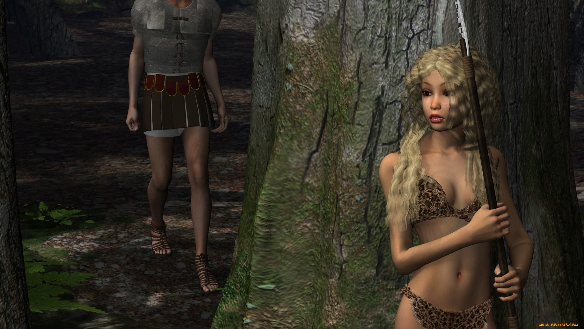 3д, графика, амазонки, , amazon, мужчина, лес, копье, фон, взгляд, девушка