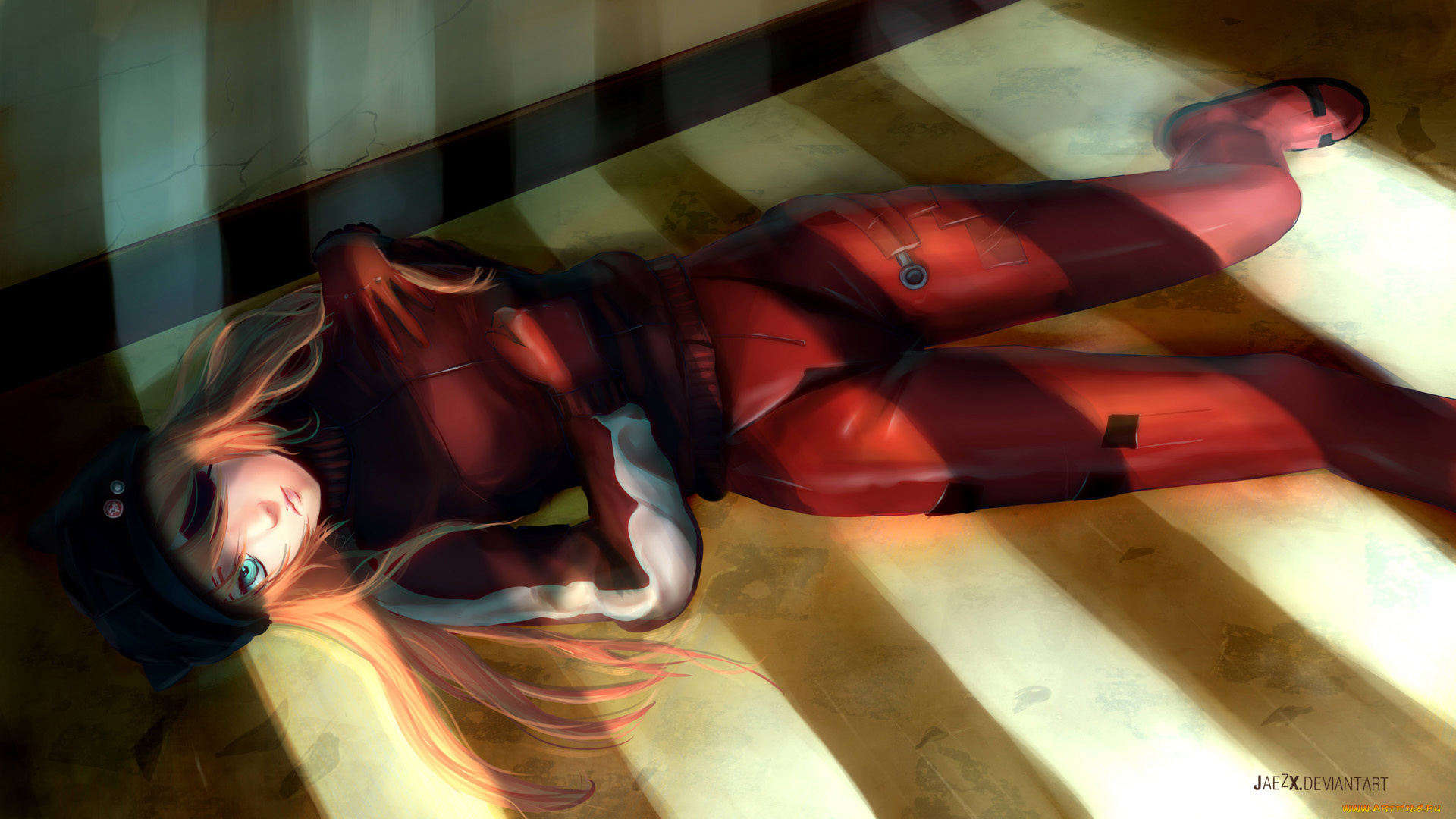 аниме, evangelion, jaezx, soryu, asuka, langley, девушка, повязка, шапка, костюм, значки, пол, свет