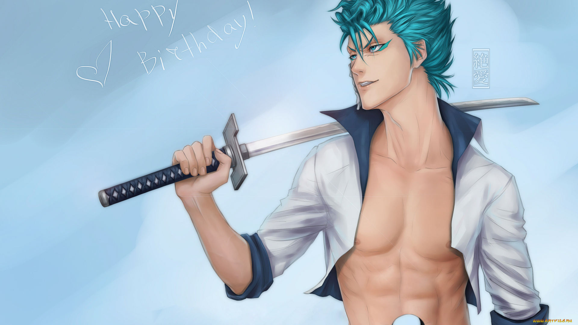 рисованное, -, , , аниме, блич, grimmjow, меч, art, парень, bleach, zetsuai89, надпись
