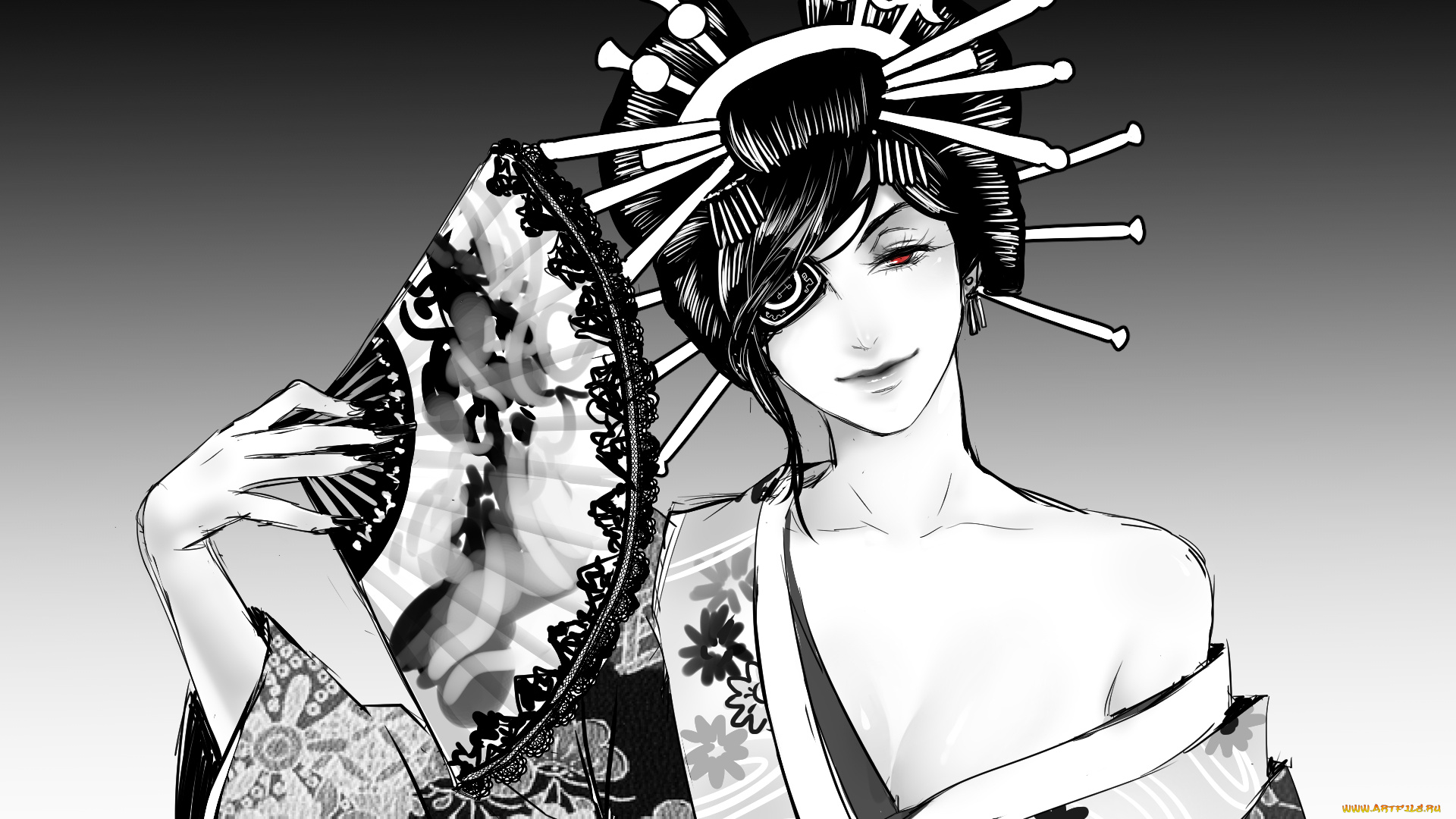 рисованное, -, , , аниме, веер, кимоно, гейша, арт, аниме