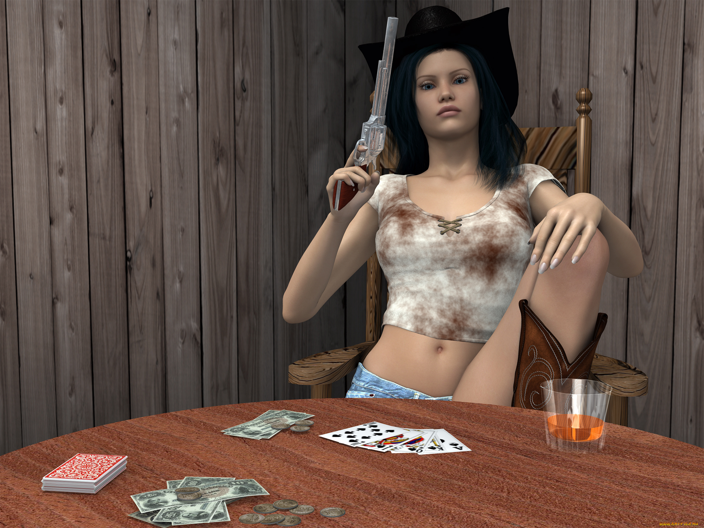 3д, графика, люди, , people, стол, оружие, фон, взгляд, девушка, вино, карты