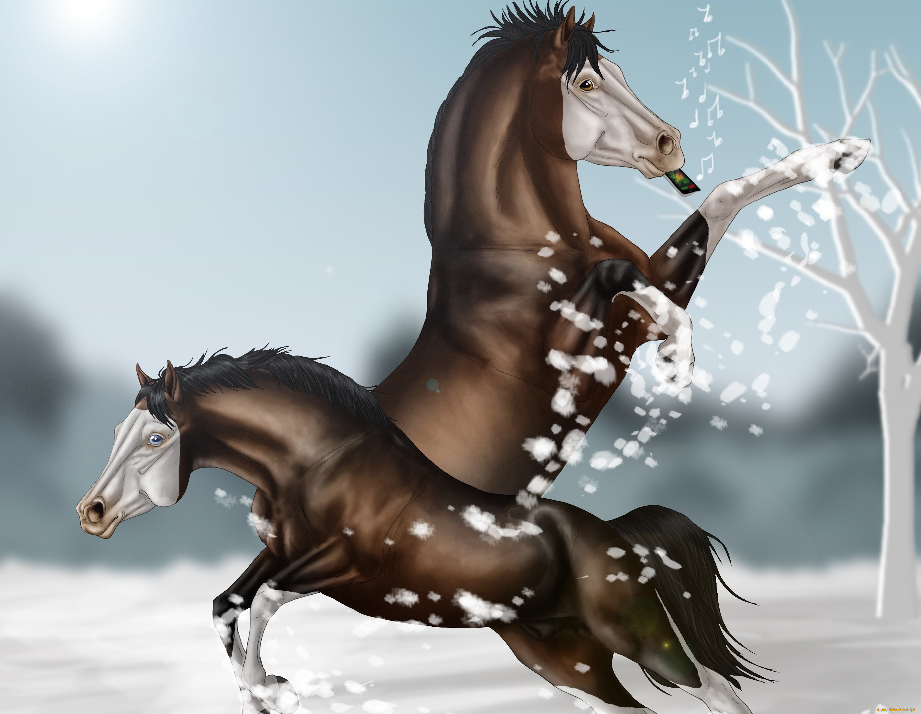 рисованное, животные, , лошади, снег, лошади