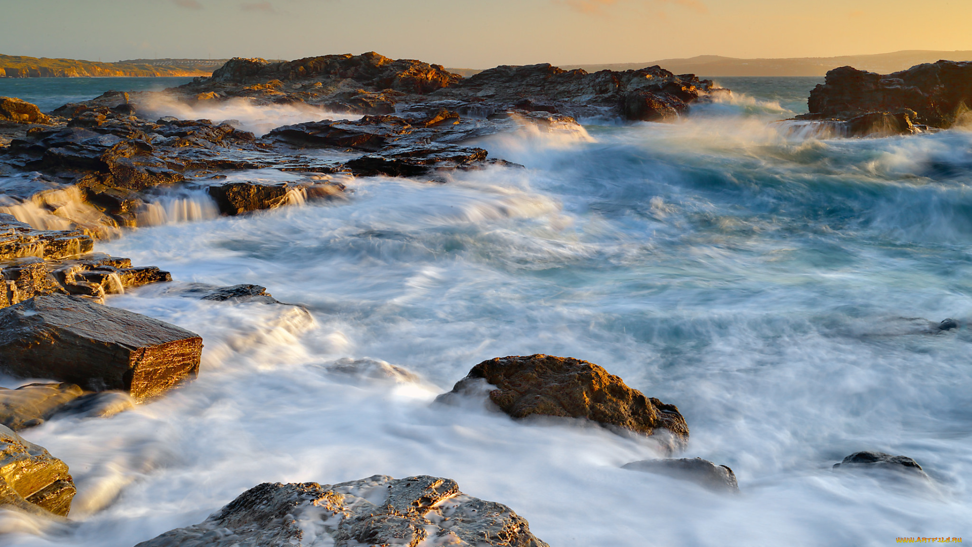 природа, побережье, скалы, камни, закат, море, небо