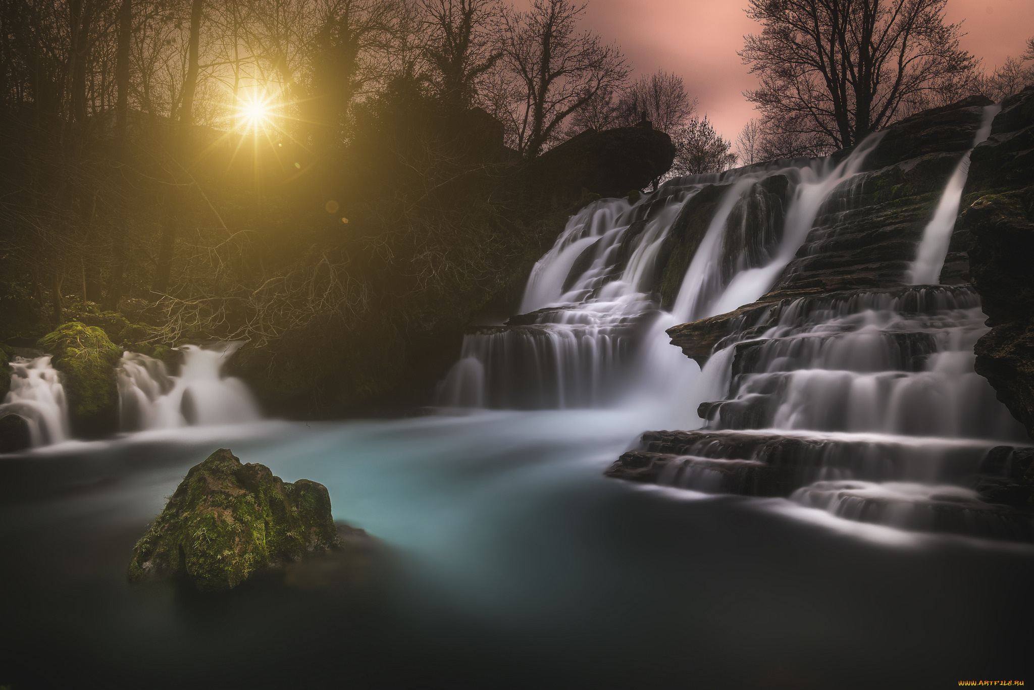 природа, восходы, закаты, водопад, пейзаж, камни