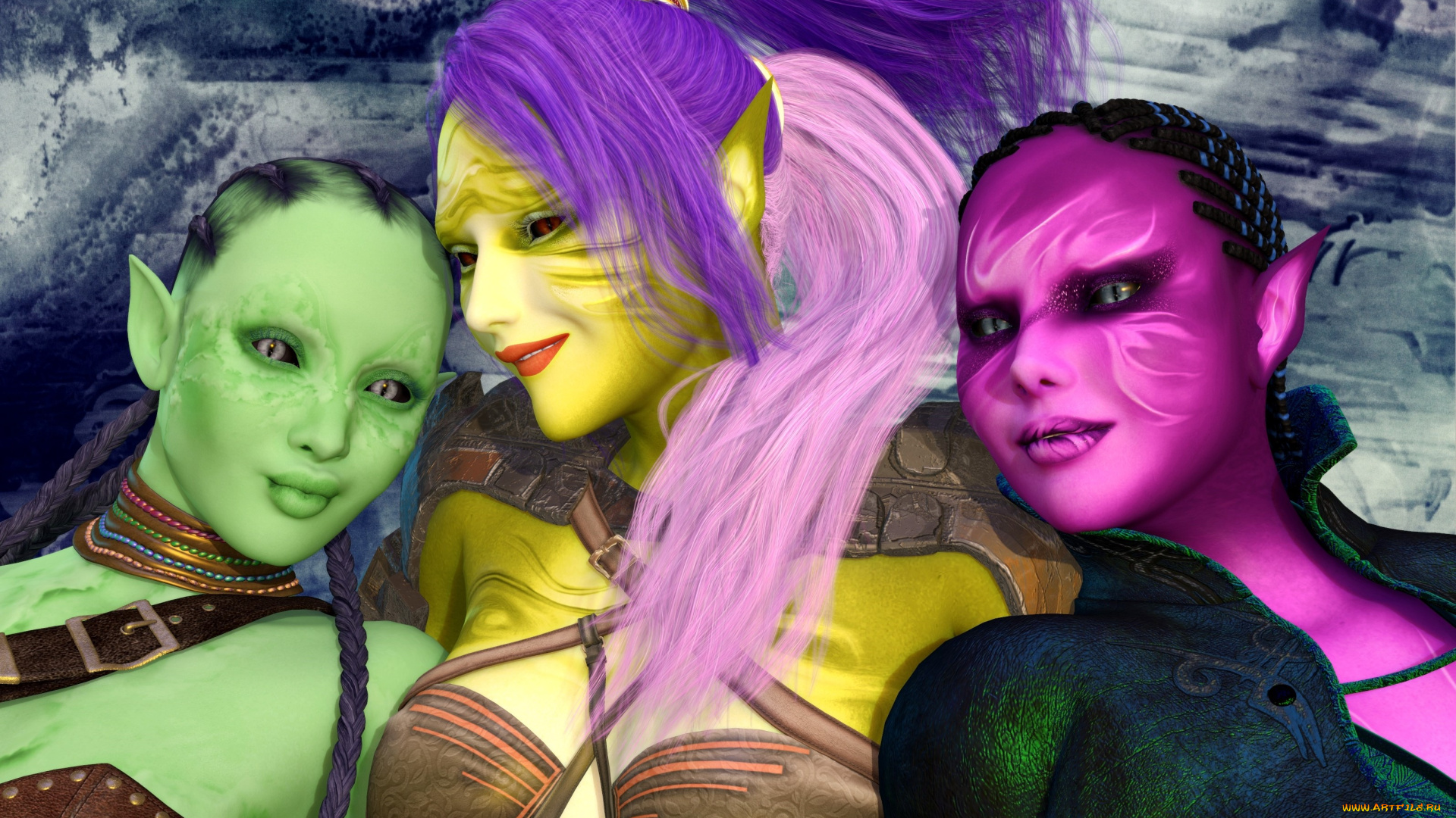 3д, графика, эльфы, , elves, фон, взгляд, эльфийки