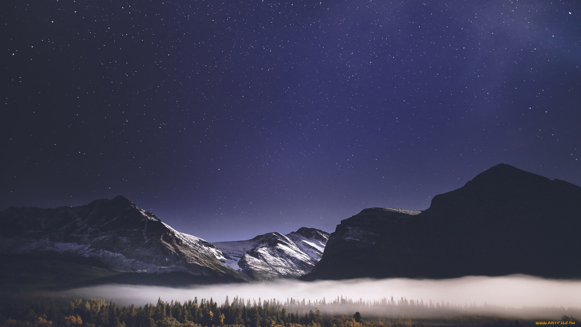 природа, горы, лес, звезды, небо, туман, ночь