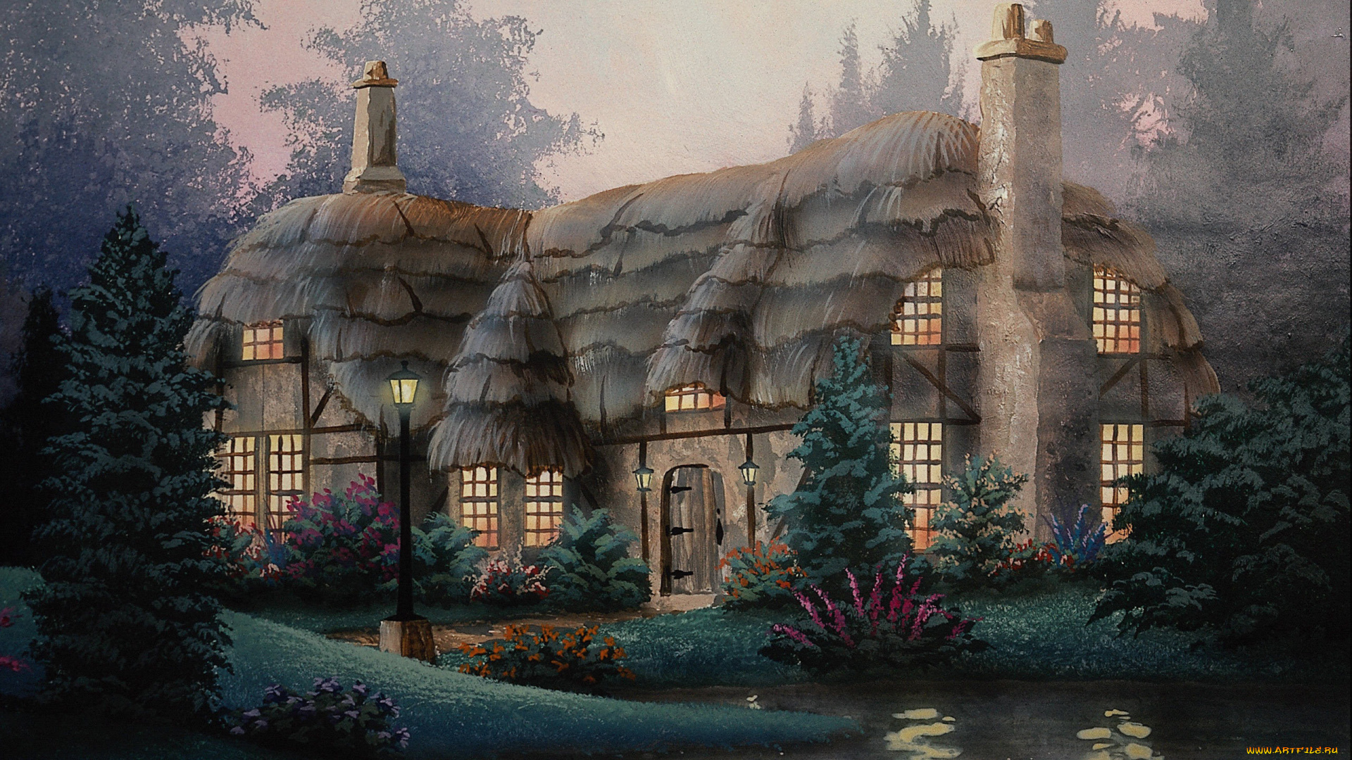 рисованное, города, дом, свет, пруд, ели, туман, thomas, kinkade