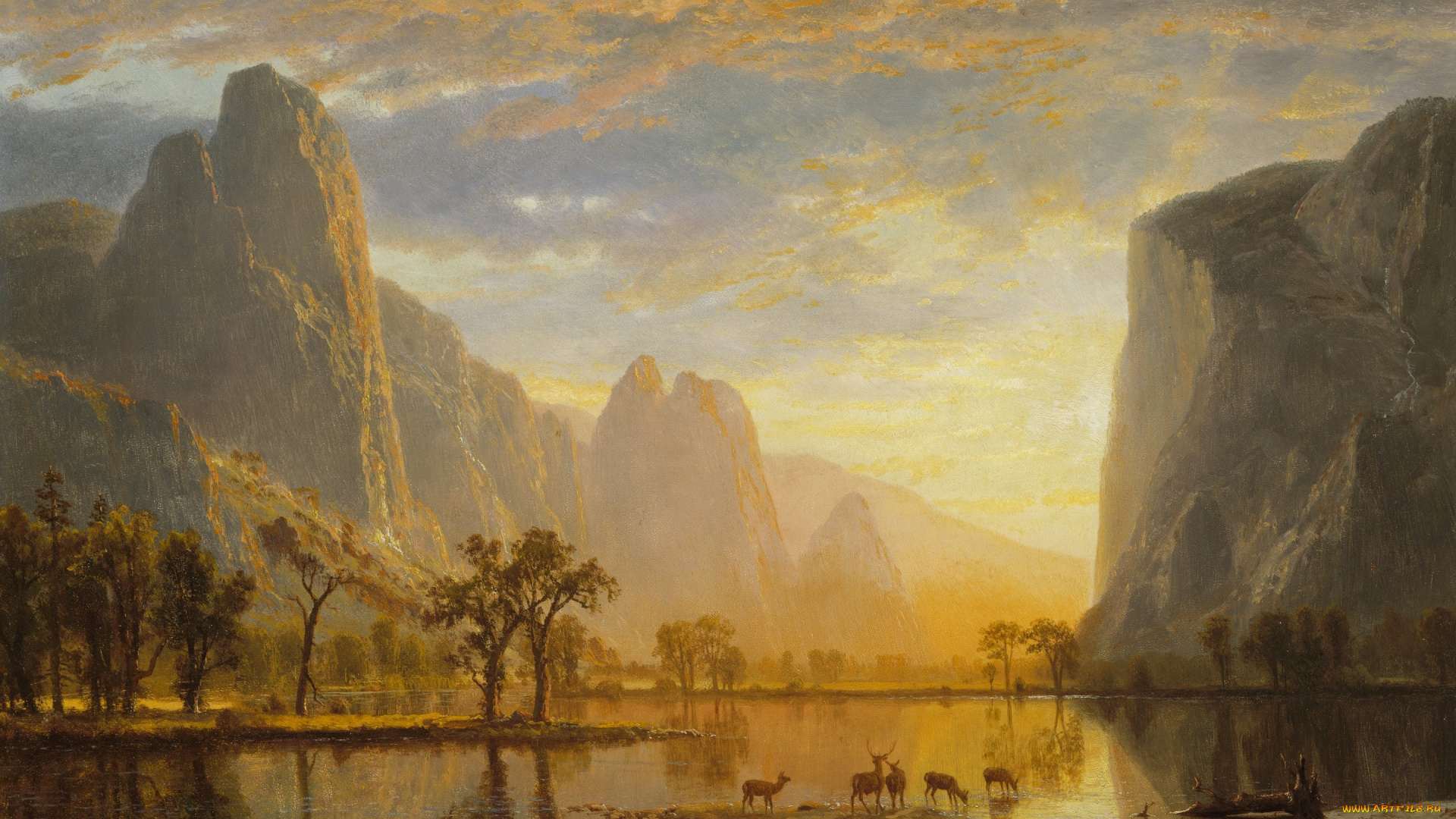 рисованное, живопись, животные, озеро, картина, долина, йосемити, альберт, бирштадт, горы, пейзаж