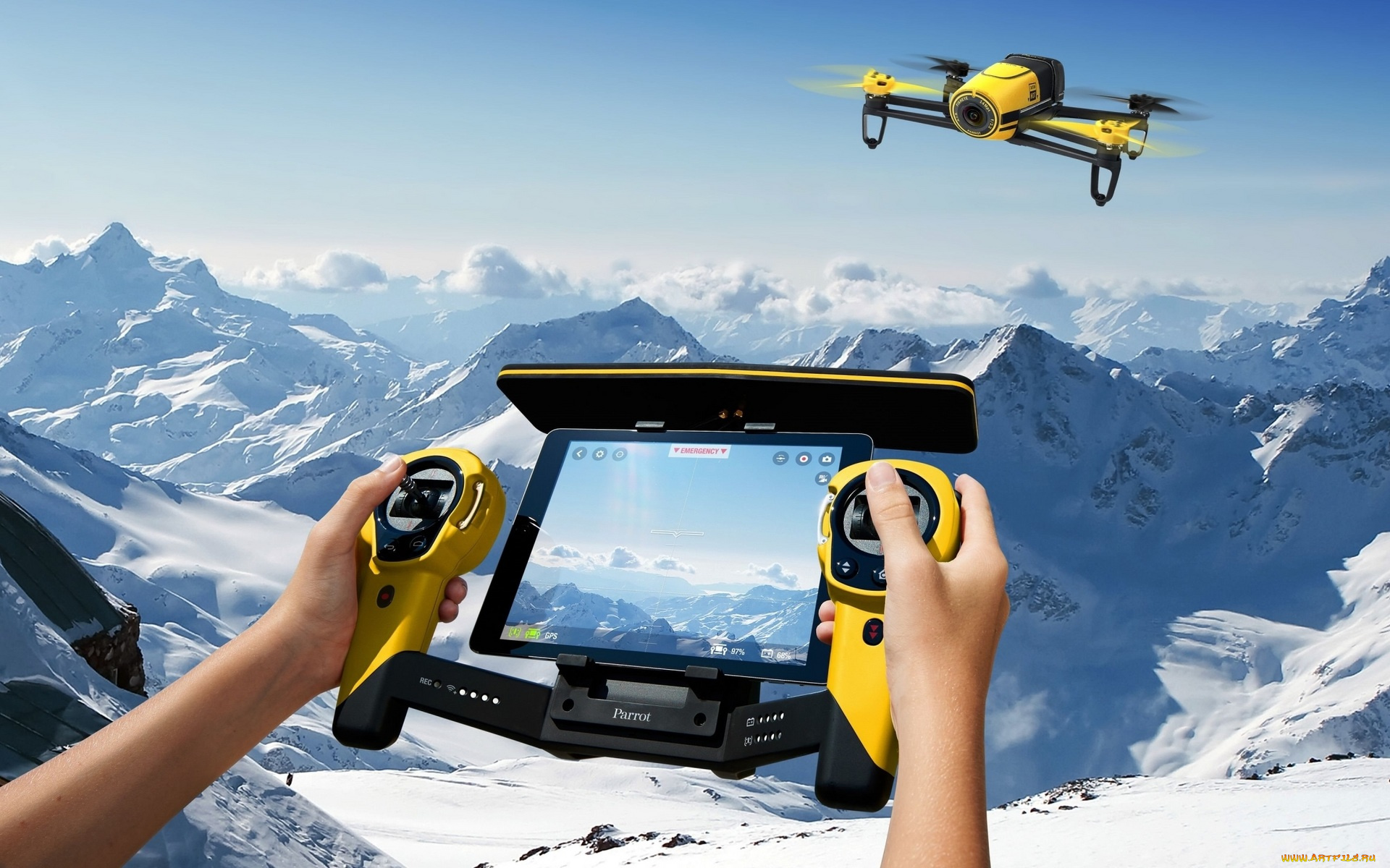 авиация, другое, небо, горы, снег, дрон, пульт, руки, управление, полет