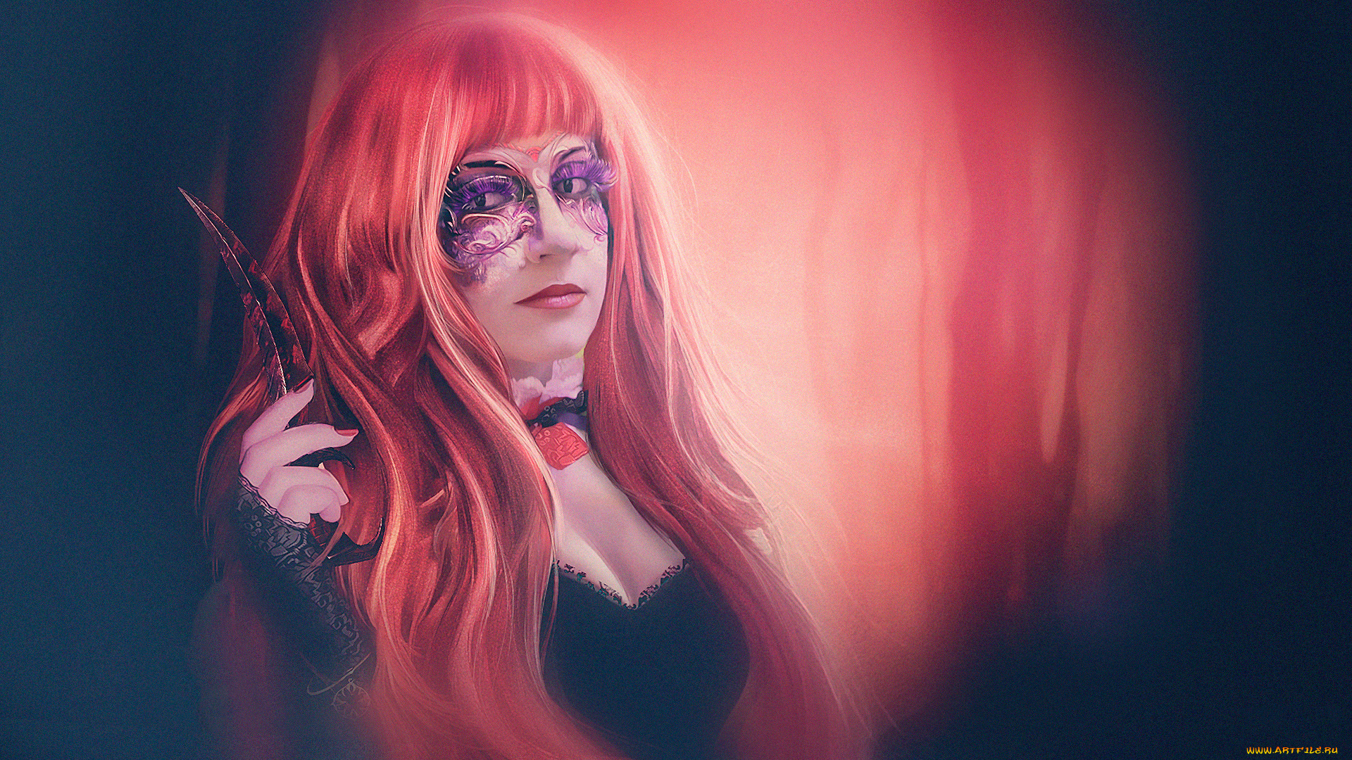 фэнтези, девушки, маска, фон, кинжал, взгляд, девушка