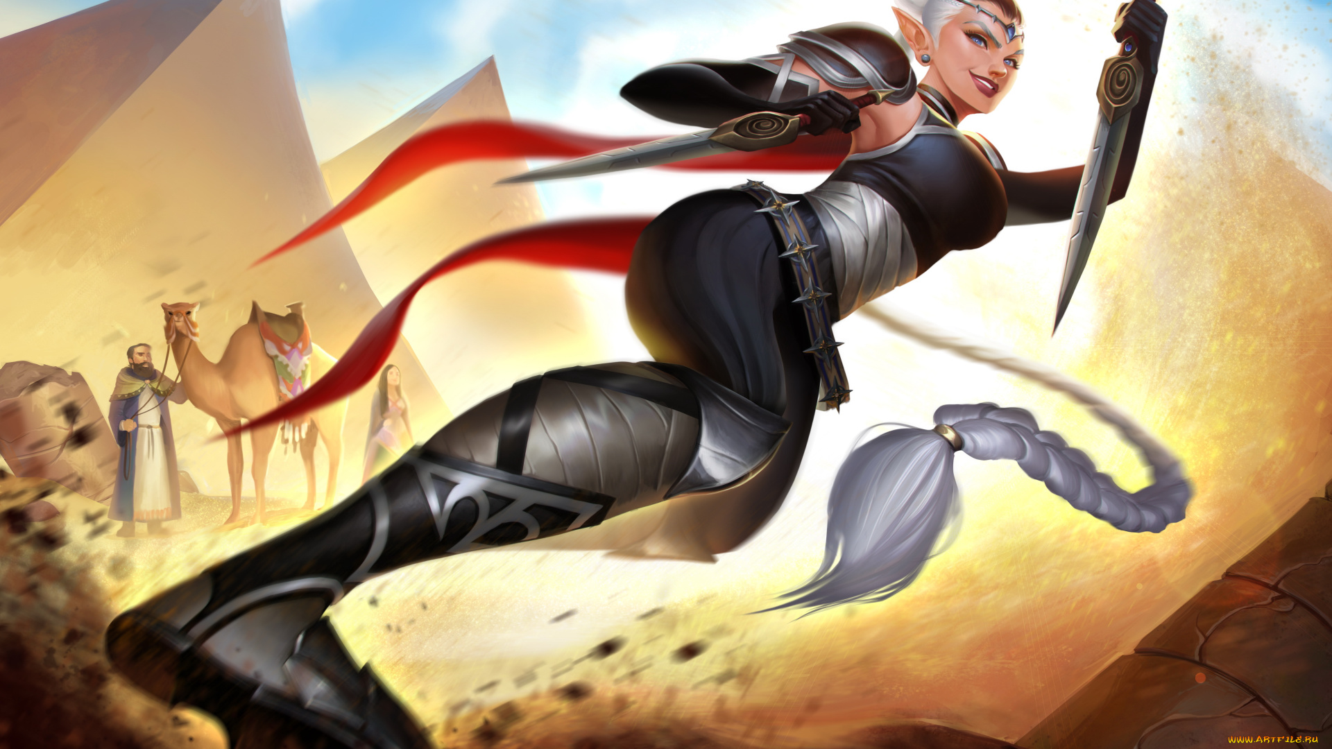 фэнтези, эльфы, меч, униформа, взгляд, улыбка, фон, девушка