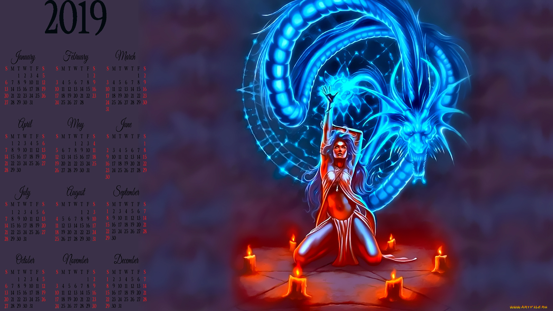 календари, фэнтези, дракон, девушка, свеча, магия