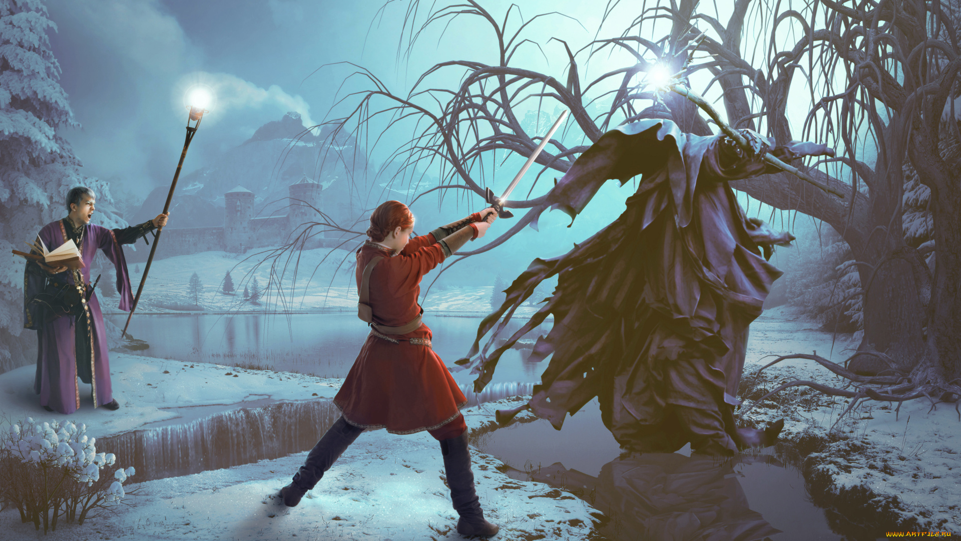 разное, компьютерный, дизайн, девушка, мужчина, фон, бой, меч, магия