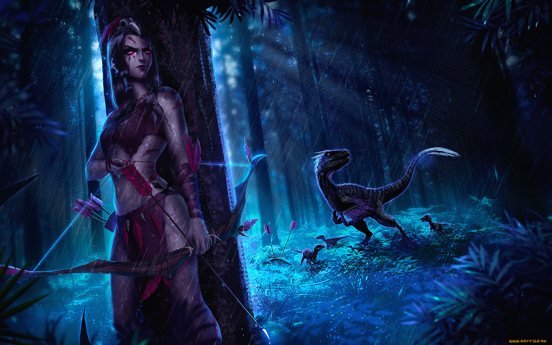 фэнтези, красавицы, и, чудовища, девушка, лес, фон, динозавр, стрела, лук