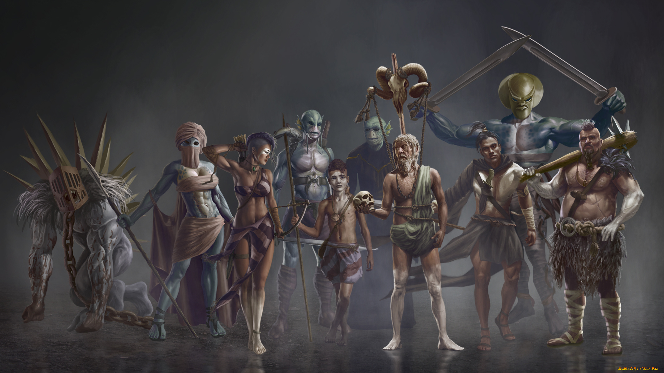 фэнтези, существа, девушки, мужчины, фон, оружие, униформа