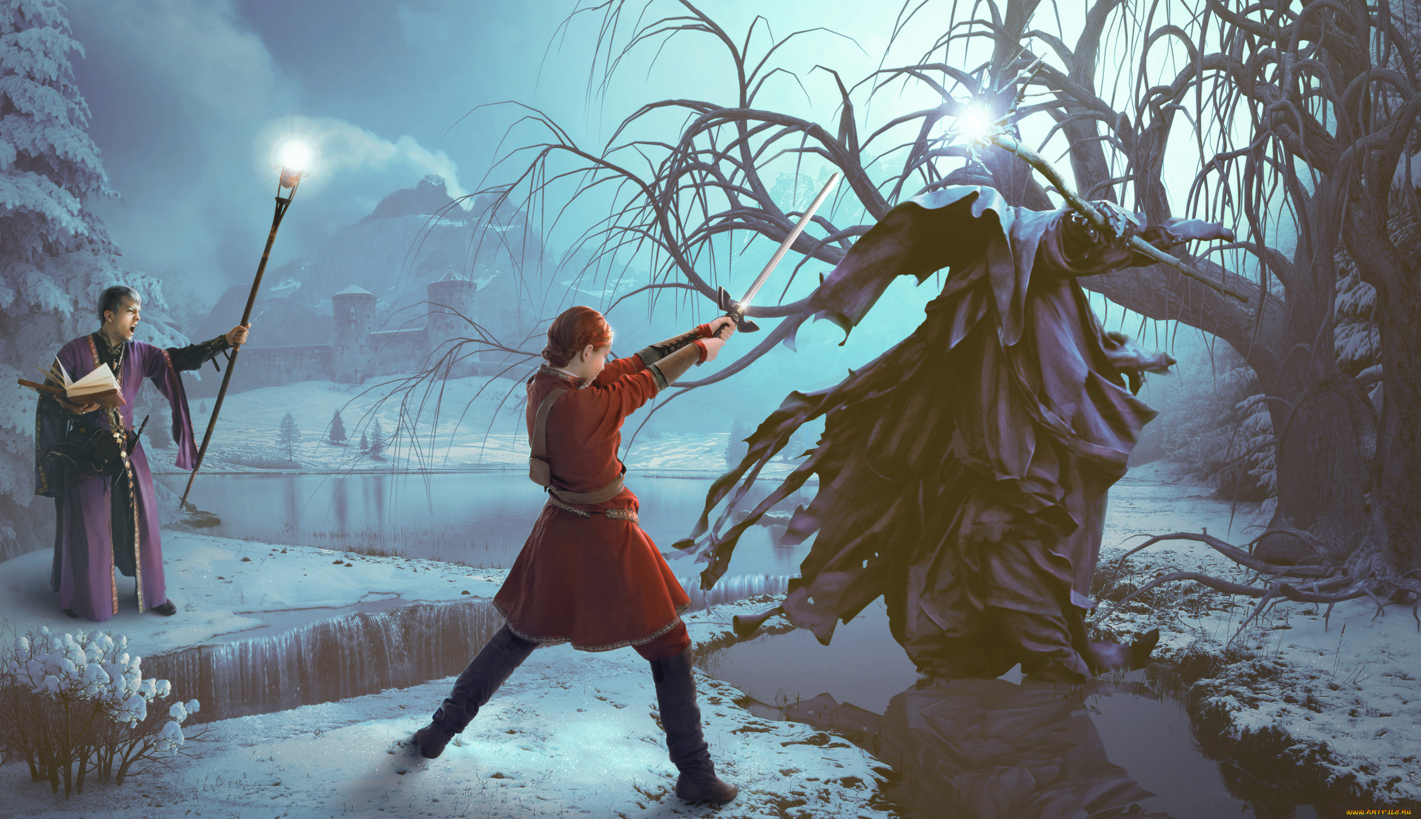 разное, компьютерный, дизайн, девушка, мужчина, фон, бой, меч, магия