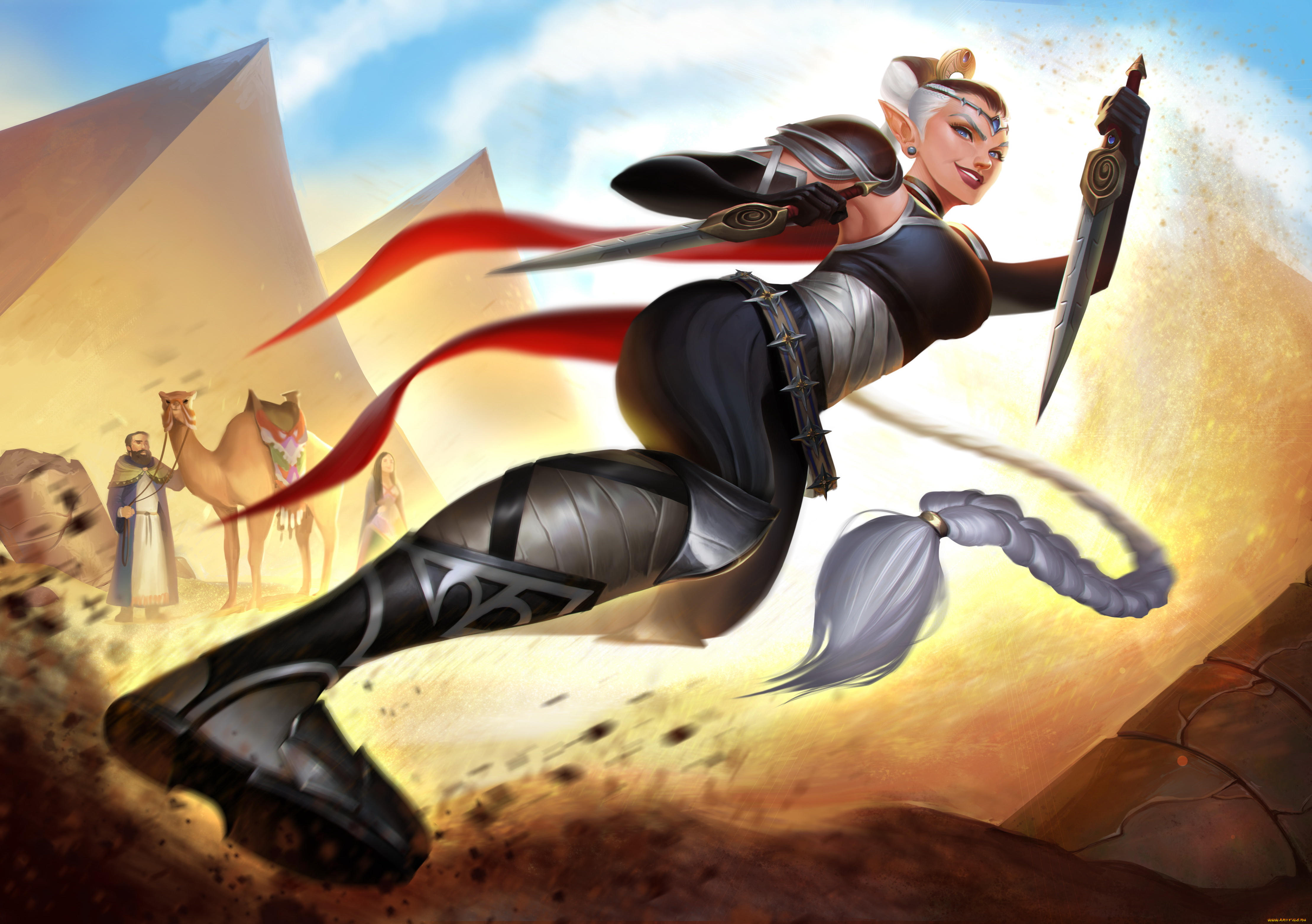 фэнтези, эльфы, меч, униформа, взгляд, улыбка, фон, девушка