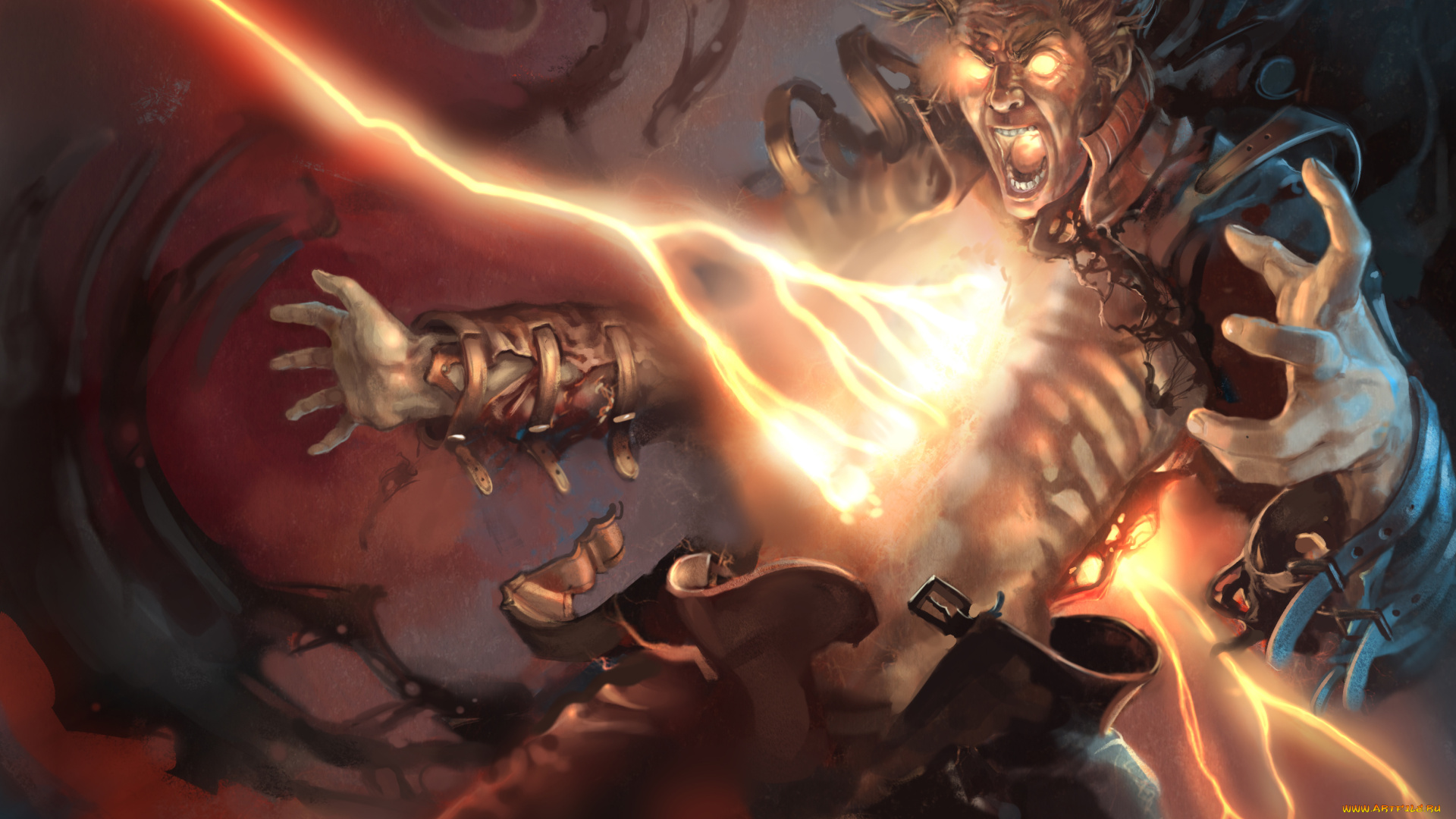 фэнтези, магия, мужчина, крик, удар, молния, фон